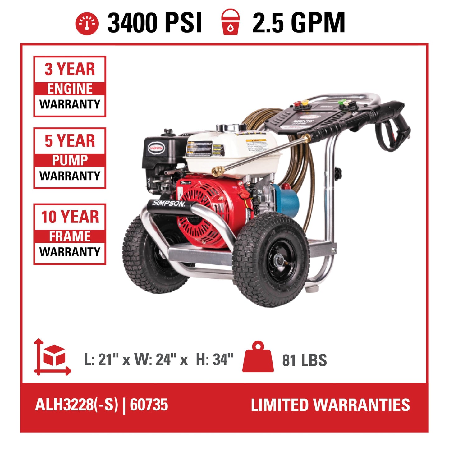 Simpson Cleaning 3400 PSI Gas Pressure Washer, 2.5 GPM Power Washer for Commercial Use, Honda GX200 Engine, 25-Foot Hose, Aluminum Series, 49-State (ALH3228-S)