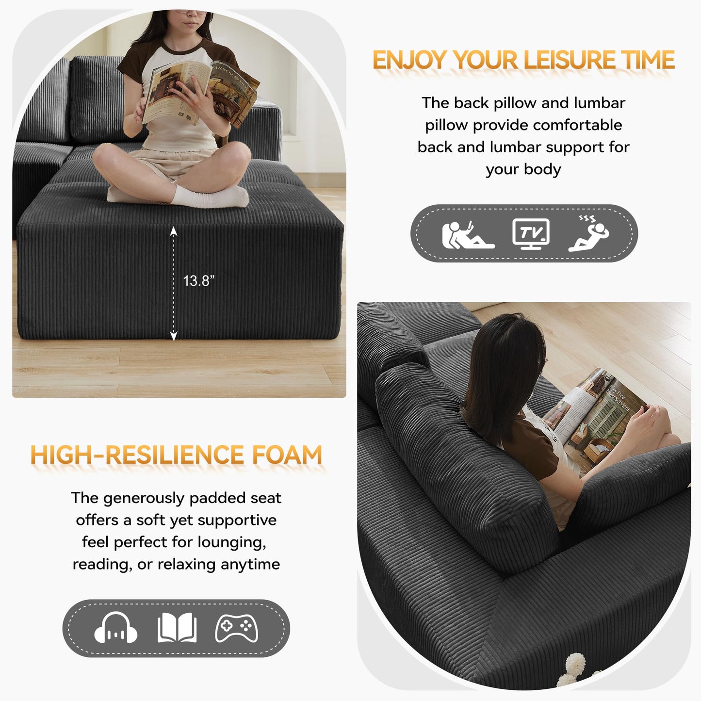 WUTUTUEE 146'' Oversized Boneless Sofa Bed, 4 Seater Modular Sectional Couch with 4 Moveable Ottoman, No Asswmbly Corduroy Compression Sofas with Chaise for Home House, Grey