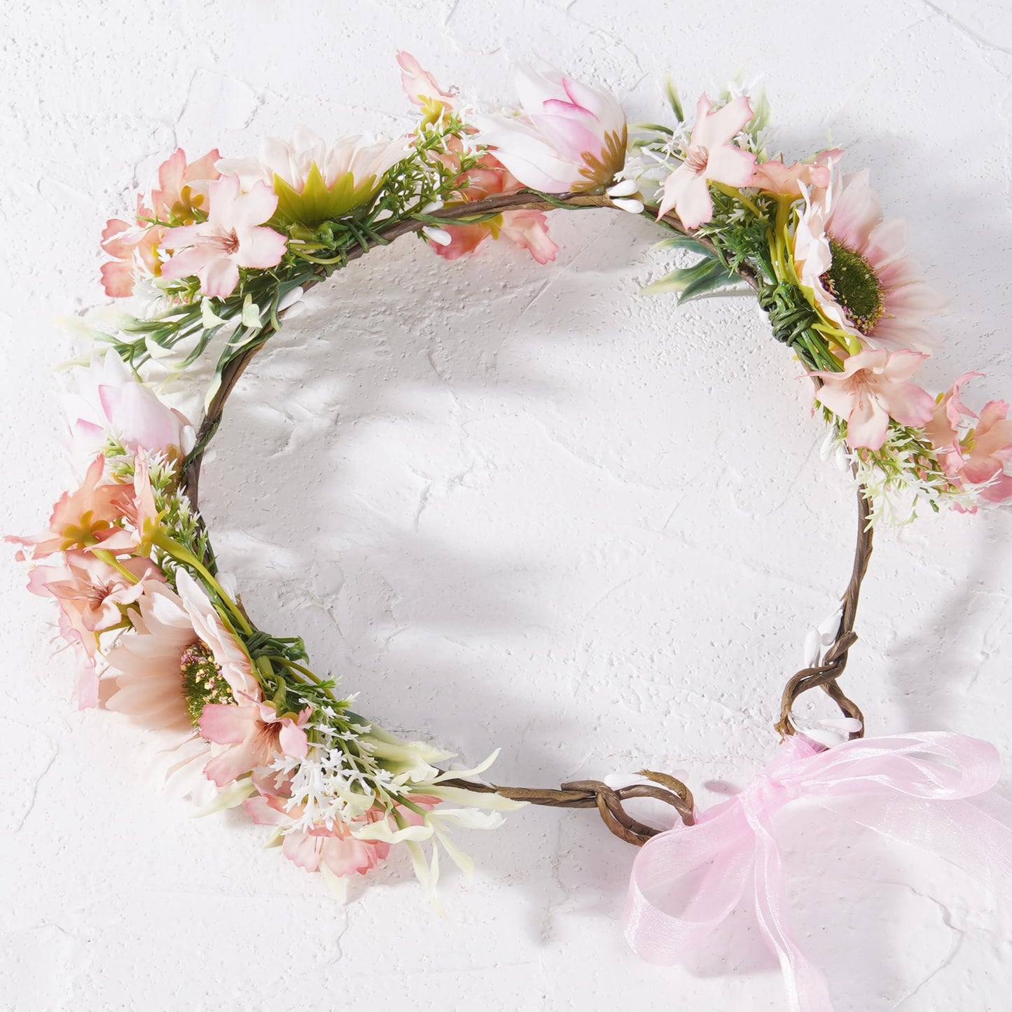 KorViSHOW Pink Sunflower Flower Crown Headband, Artificial Fairy Daisy Floral Headpiece, Adjustable Fairy Woodland Headband for Women Girls Renaissance Birthday Bride Wedding Party Hair Accessories