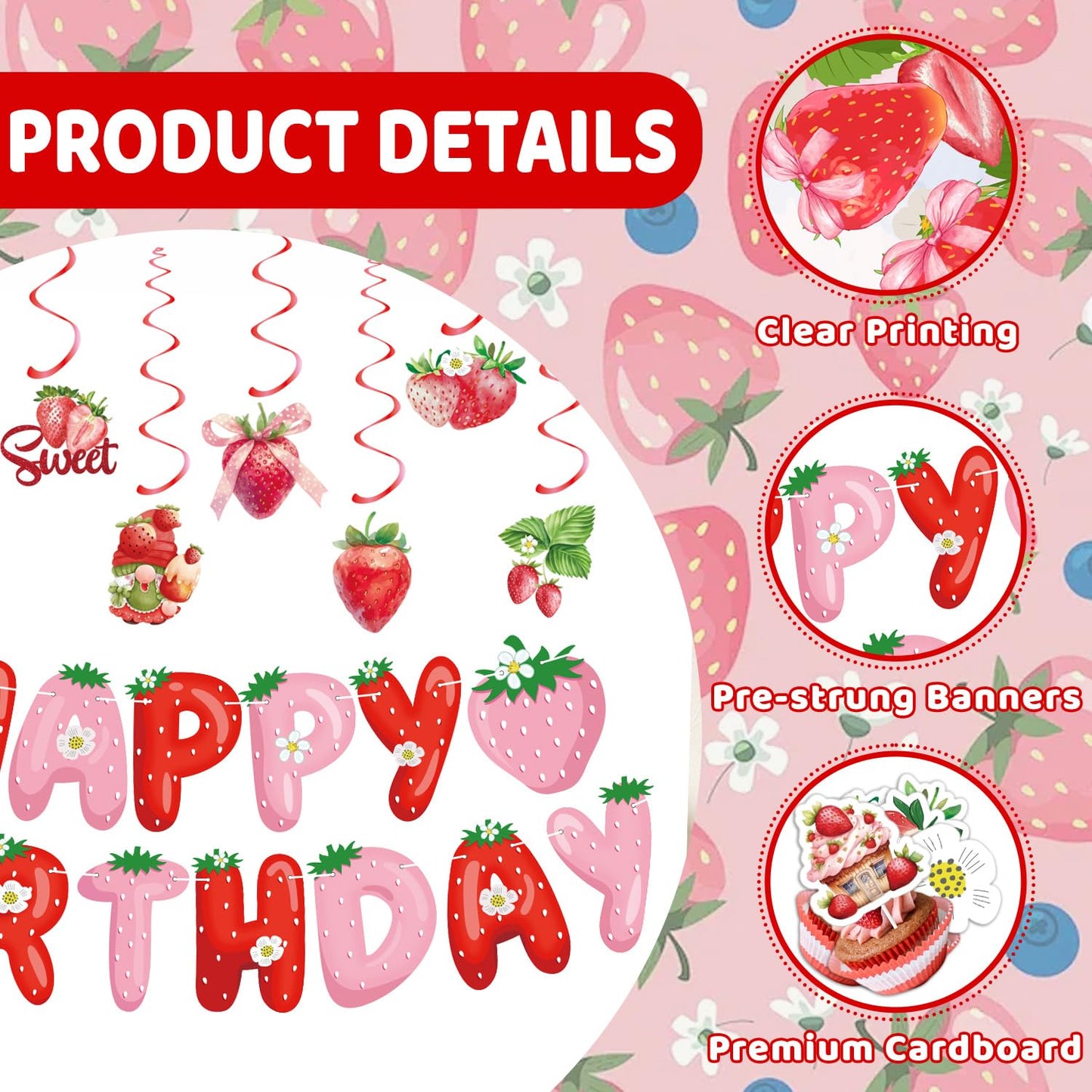Strawberry Birthday Party Decorations Set - Cute Backdrop Banner, Hanging Banners, Swirls Streamers,Cake & Cupcake Toppers, Sweet Theme Party Supplies Kit for Girls, Kids, Baby Shower