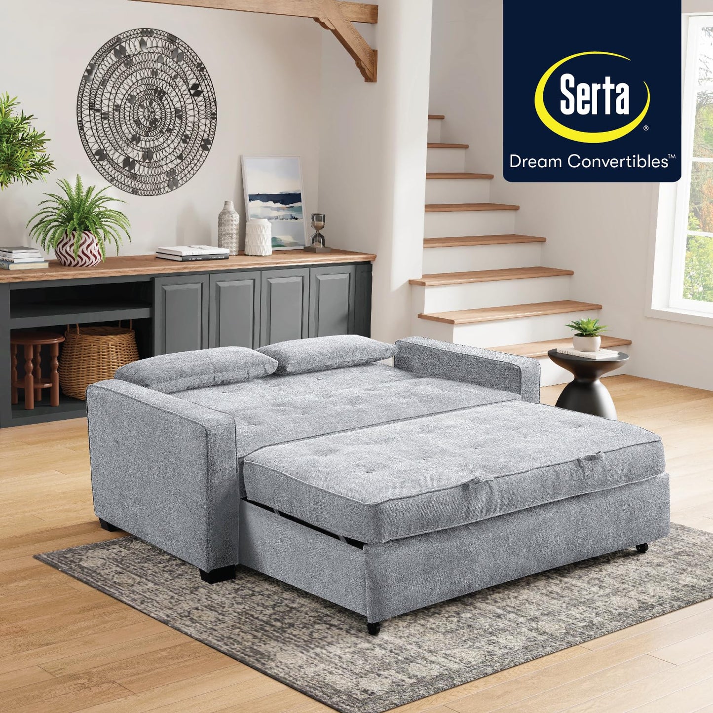 Serta Ainsley 72.6" Convertible Sleeper Sofa, Queen Size, Dreamcoil Comfort, Soft Woven Fabric, Light Grey