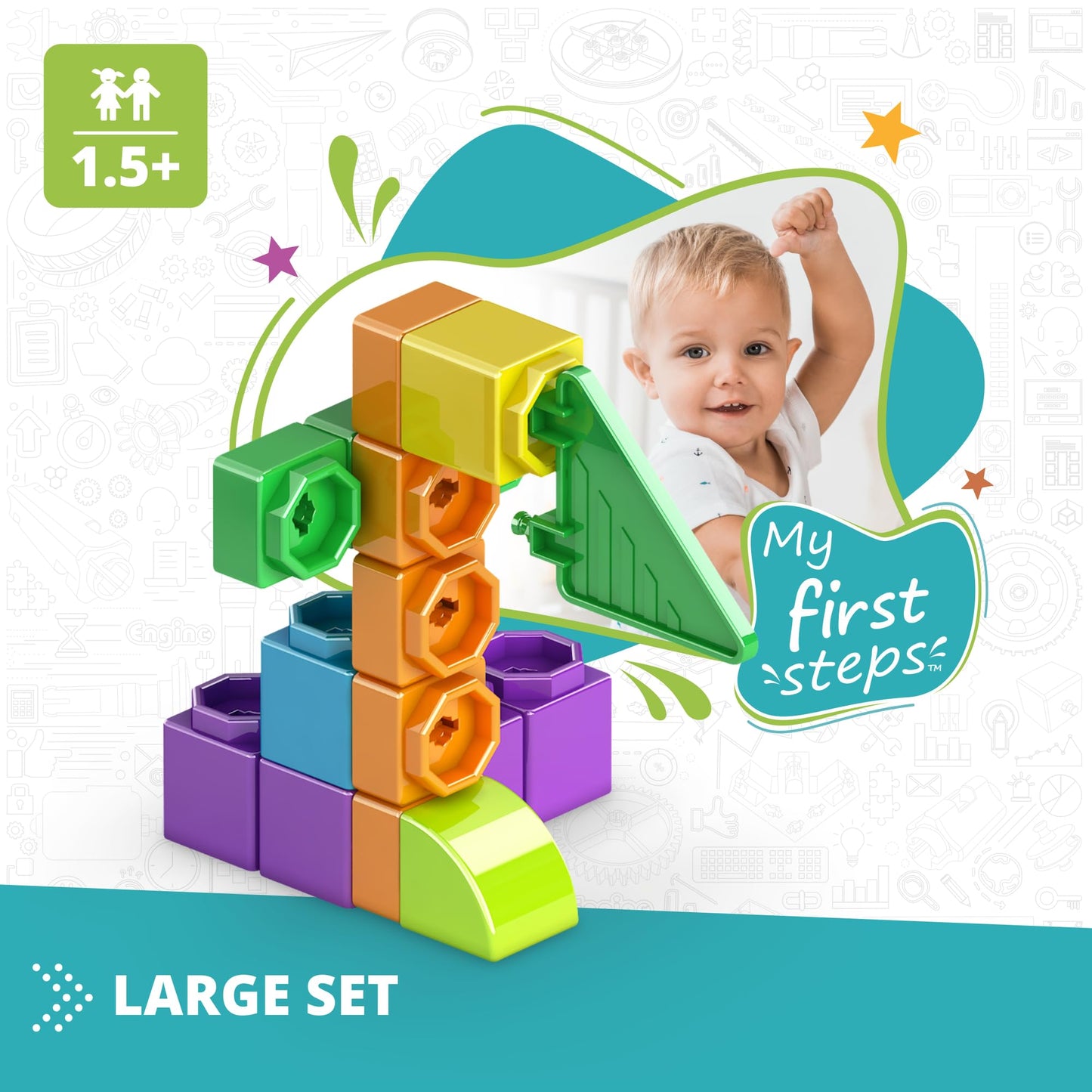 Engino Baby Qboidz, My First Steps Toy, Montessori Baby Toys Ages 1.5+, Building Blocks for Toddlers, Learning & Education Toys, Kindergarten Readiness, Large Tub