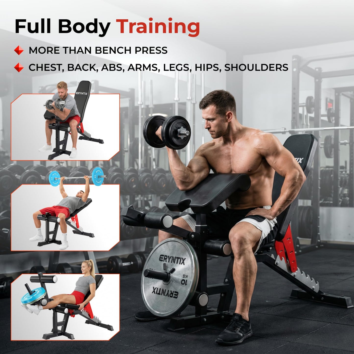 Eryntix Adjustable Workout Bench, 1600LBS Heavy-Duty Weight Bench with Leg Extension/Curl, Preacher Pad, 7-Position Incline/Decline/Flat, ISCC PLUS Certified for Home Gym Full Body Strength Training (Black, M1 Pro)