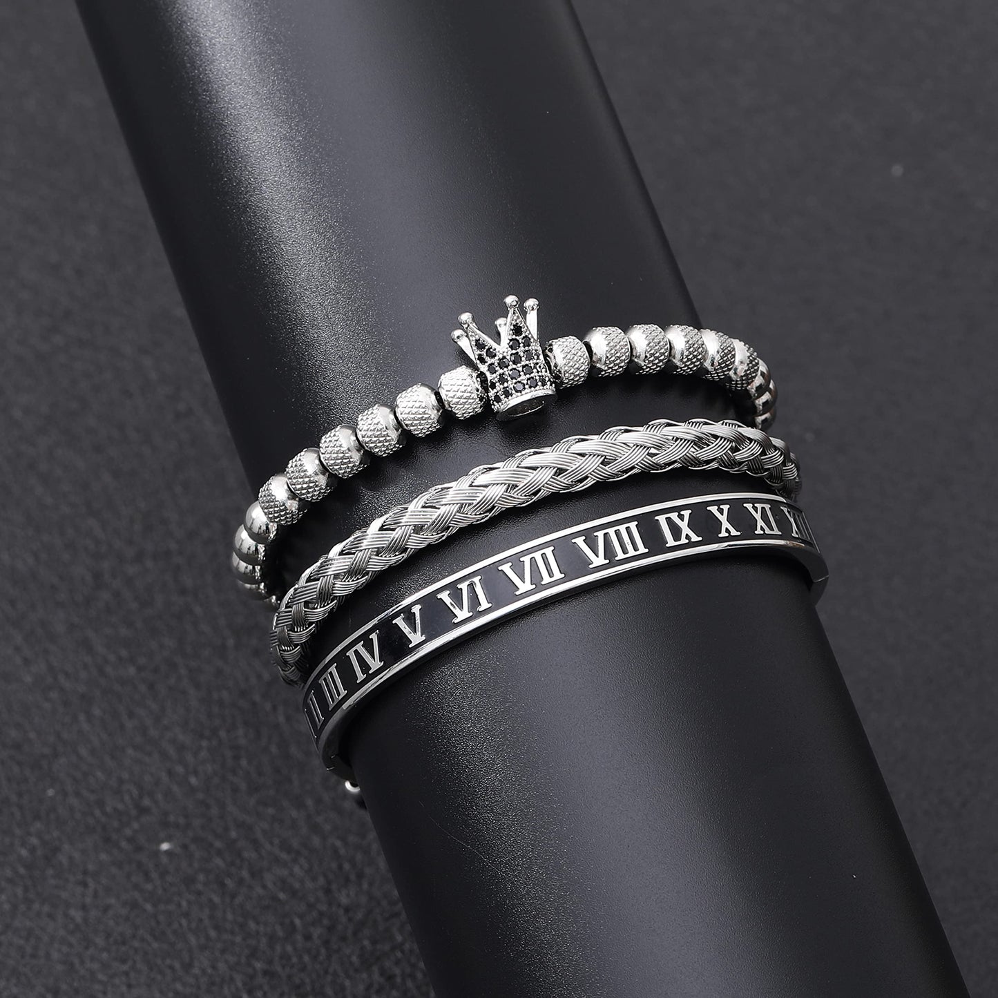 WFYOU 3PCS Stainless Steel Bracelets for Men Gold Roman Numeral Bangle Bracelet Twisted Cable Bracelet Adjustable Cuff Bracelet Mens Luxury Jewelry Bracelets Gifts(I:Silver)