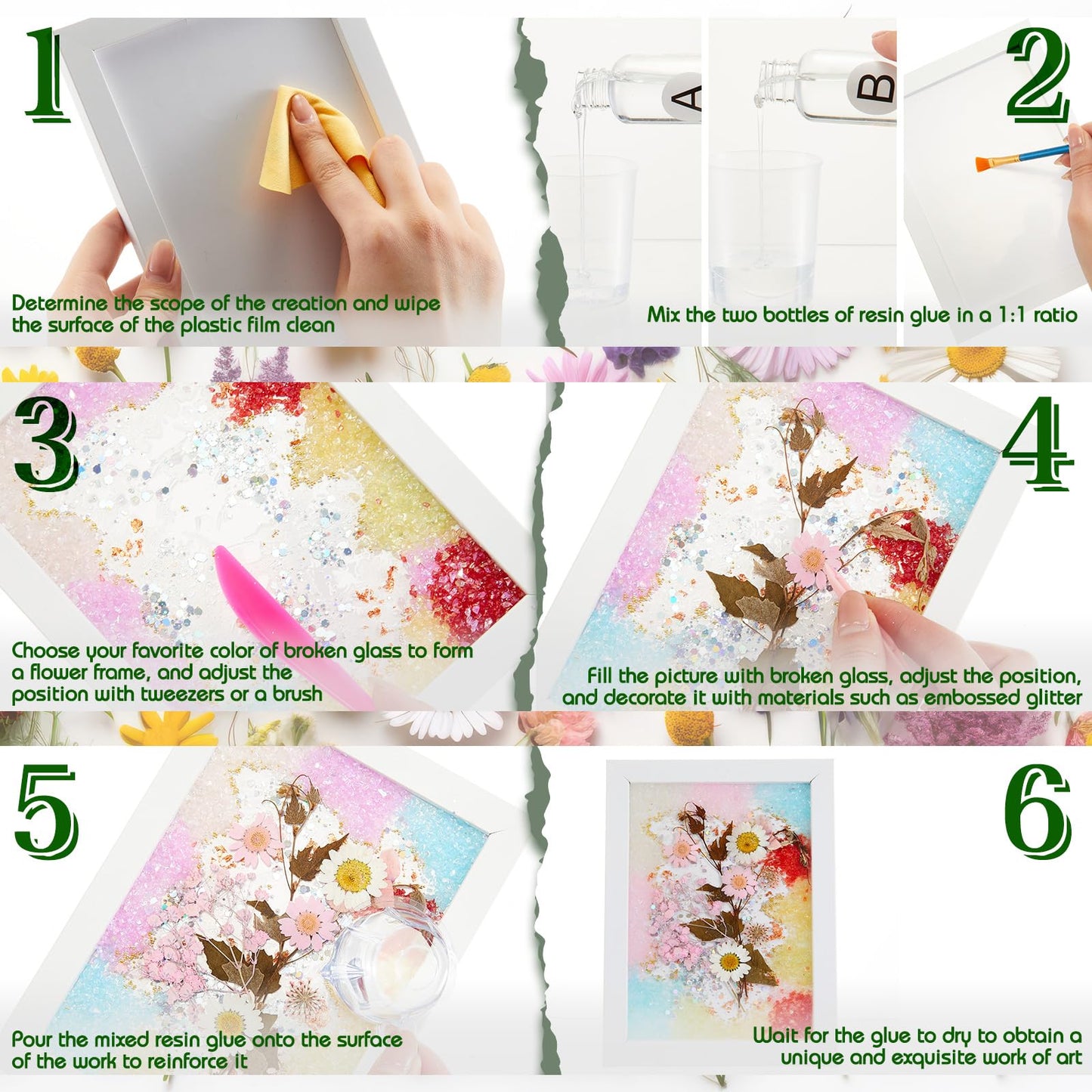 Novabright DIY Dried Flower Crushed Glass Art Kit for Adults Beginners, Sea Glass Mosaic Resin Craft Set for Home Decor, Wedding Gifts Handmade Boho Home Bedroom Office Bookshelf Table Decoration