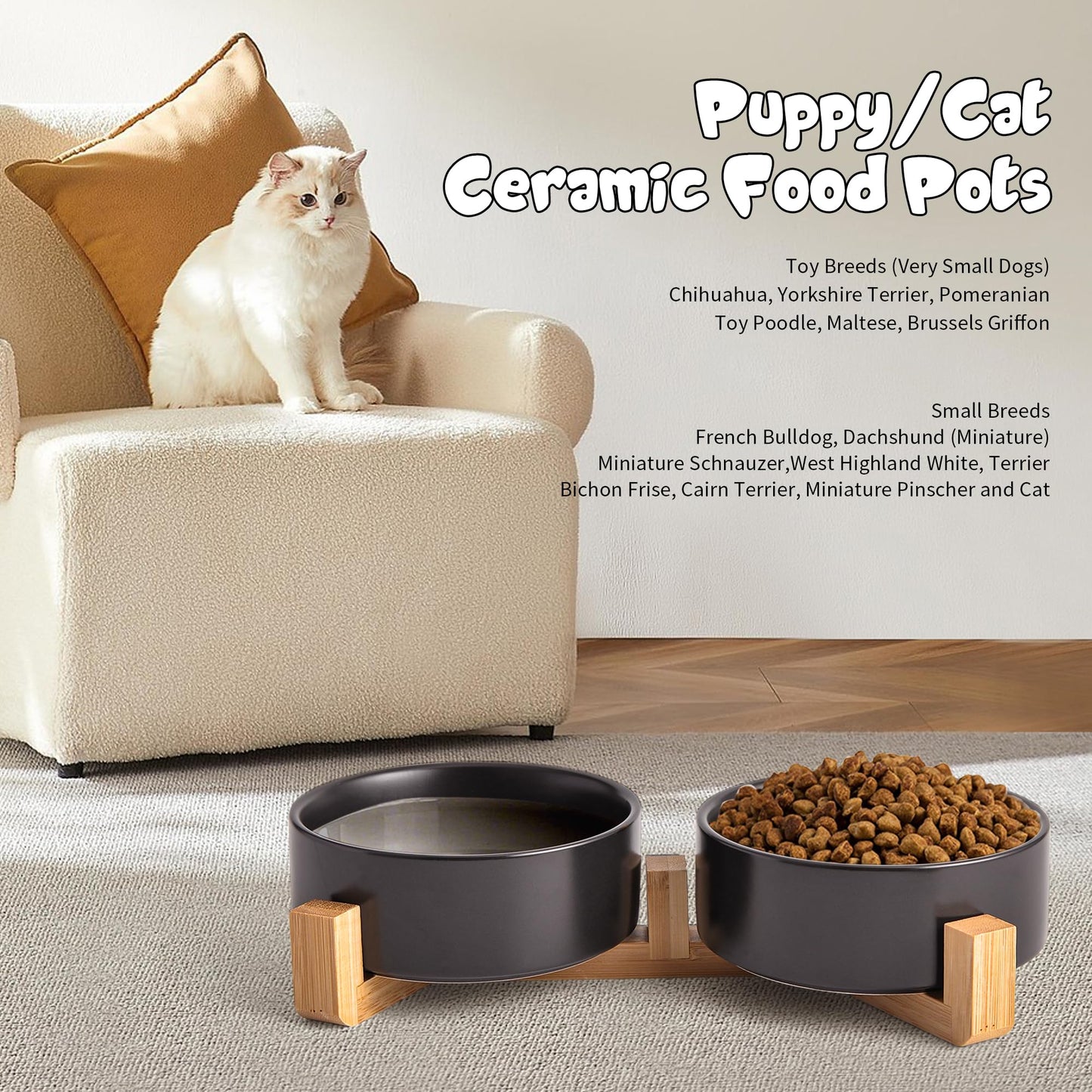 Mowtanco Black Ceramic Dog & Cat Bowl Set – 13.5 OZ with Wooden Stand, Non-Slip, Elevated Design for Small Dogs & Cats – 2 Bowls (Food & Water, Ceramic Pet Bowls, Modern Dog Bowls)