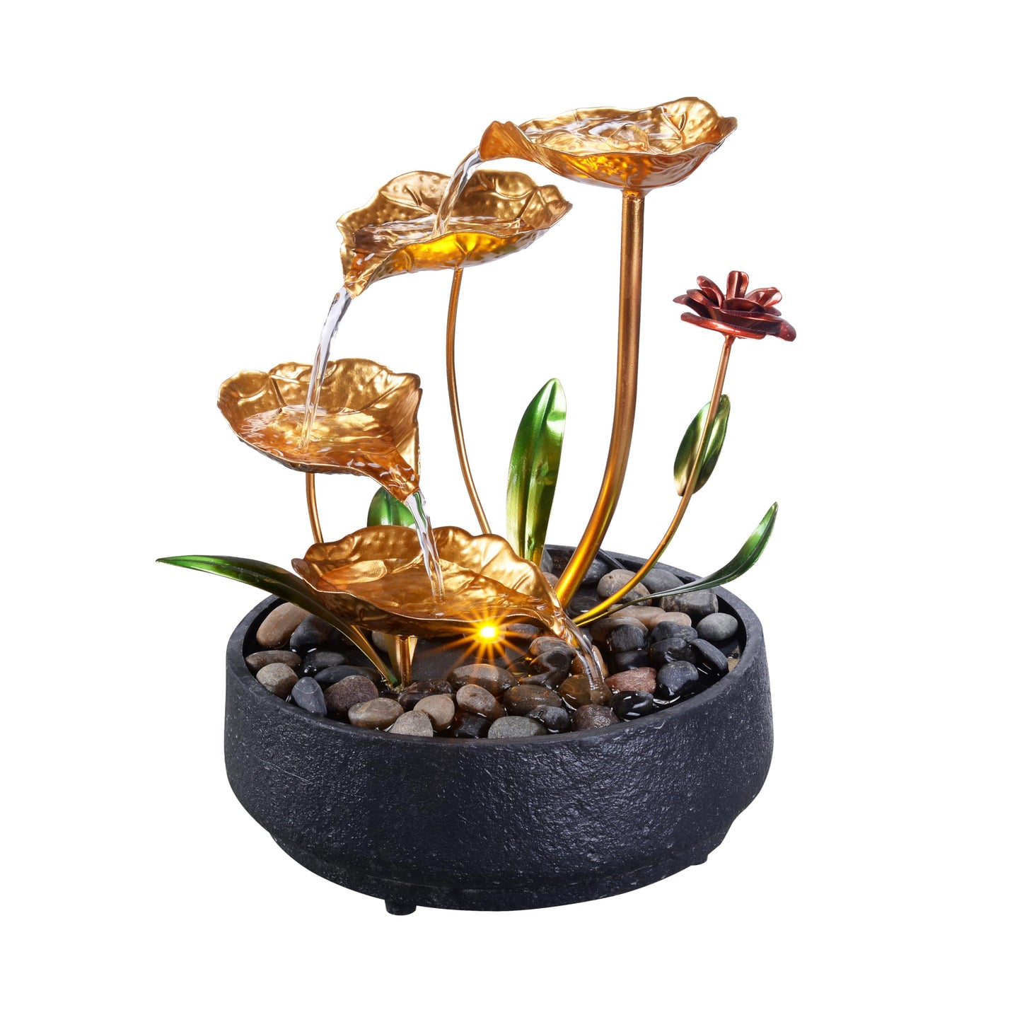 MSEONWXI Tabletop Fountain Metal Lotus Circulating Fountain Water Feature for Zen Home Decor Warm Yellow Scene Light(23034)