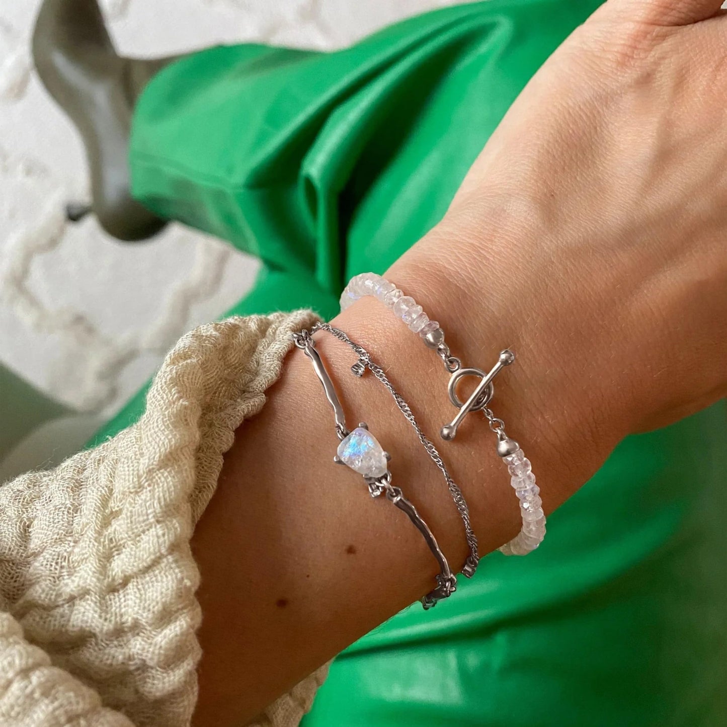 Moon Magic Moonstone Bracelet for Women | Black Obsidian, Rose Quartz Bracelet/Real 925 Sterling Silver | 18k Rose & Yellow Gold Rainbow Genuine Moonstone Jewelry for women | June Birthstone Bracelet