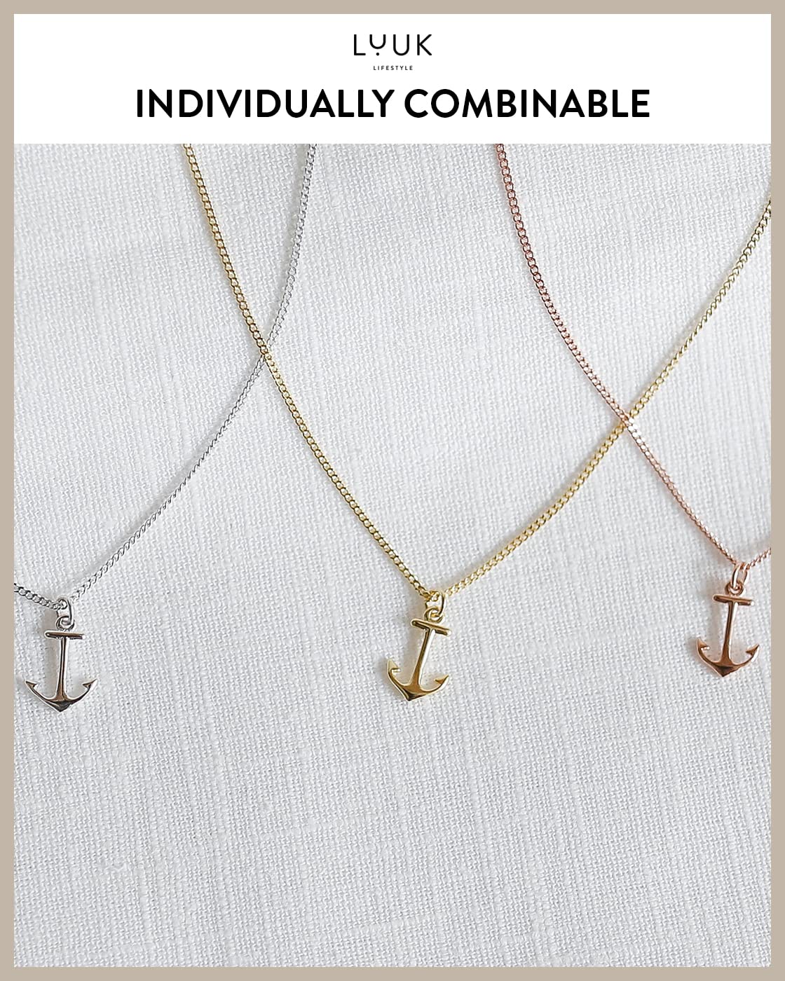 LUUK LIFESTYLE Necklace and HAPPINESS gift card, 925 sterling silver, with anchor pendant fashion jewelry for everyday life, beach, water resistant, nautical and maritime motif, gold