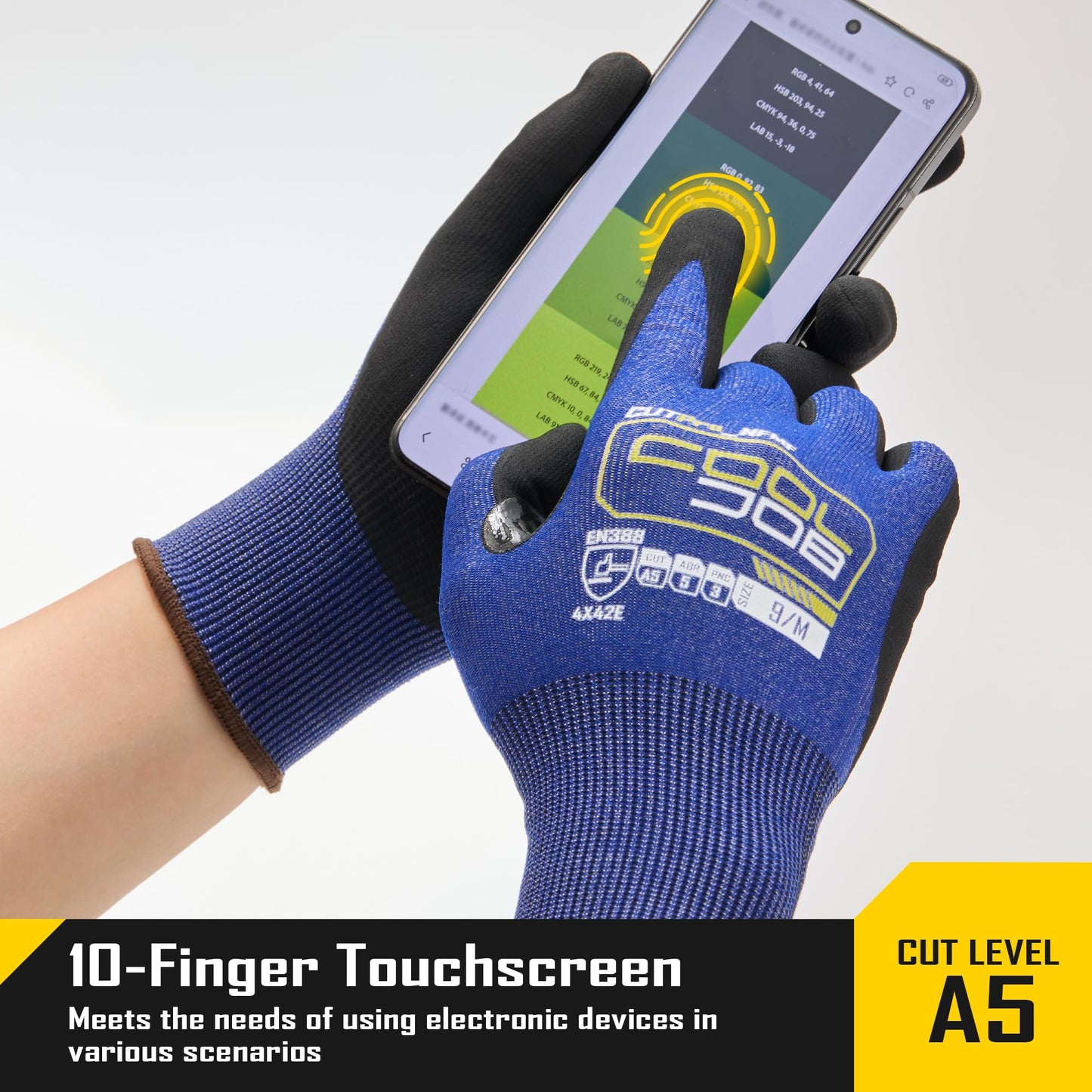 COOLJOB A5 Fiberglass Free Cut Resistant Gloves for Men, Touchscreen Safety Work Gloves with Grip Nitrile Coated, No PFAS, Non Slip, Soft & Durable, for Carving, Glass Handling, Blue Xlarge 1 Pair