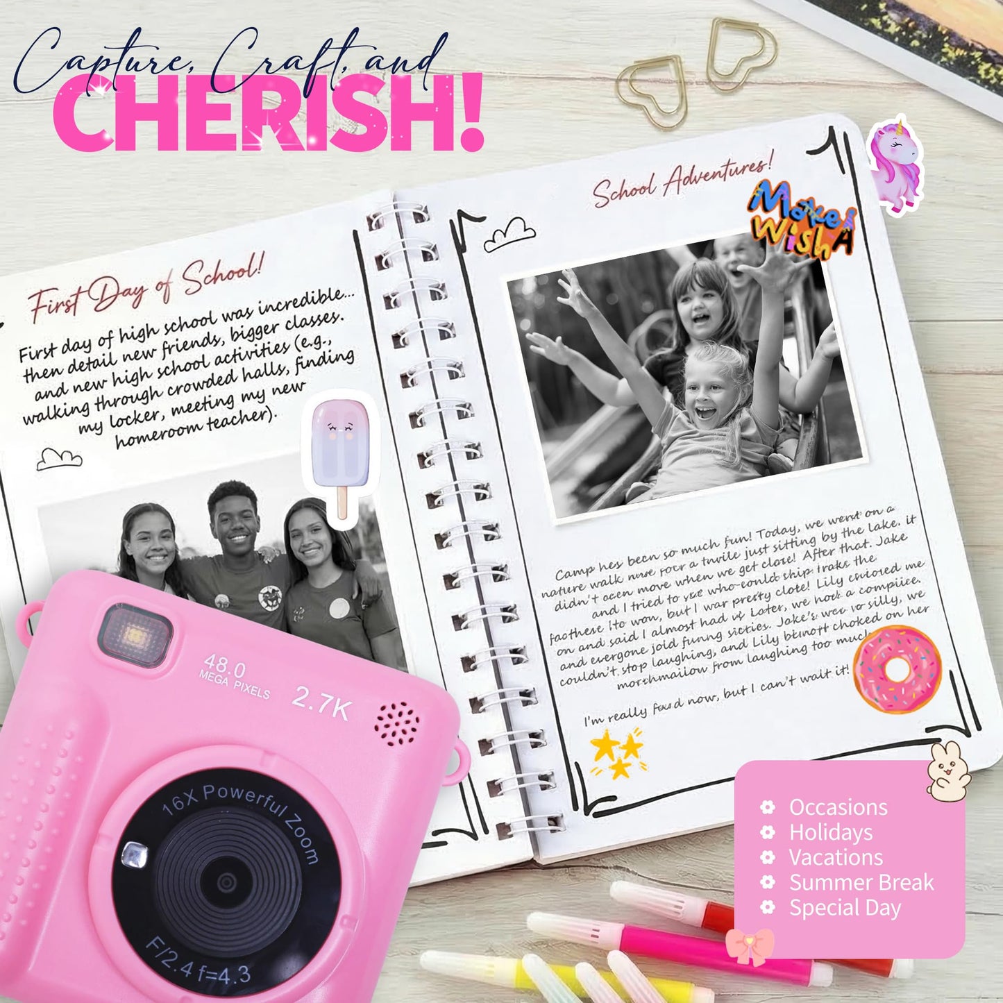 FINcredible Photomaker Kit - Instant Print Camera for Kids Plus DIY Journal Kit for Girls - 150 Pcs Tween Journal & Camera for Girls - 6 7 8 9 10 11 12 13 14 Year Old Girl (Pink)