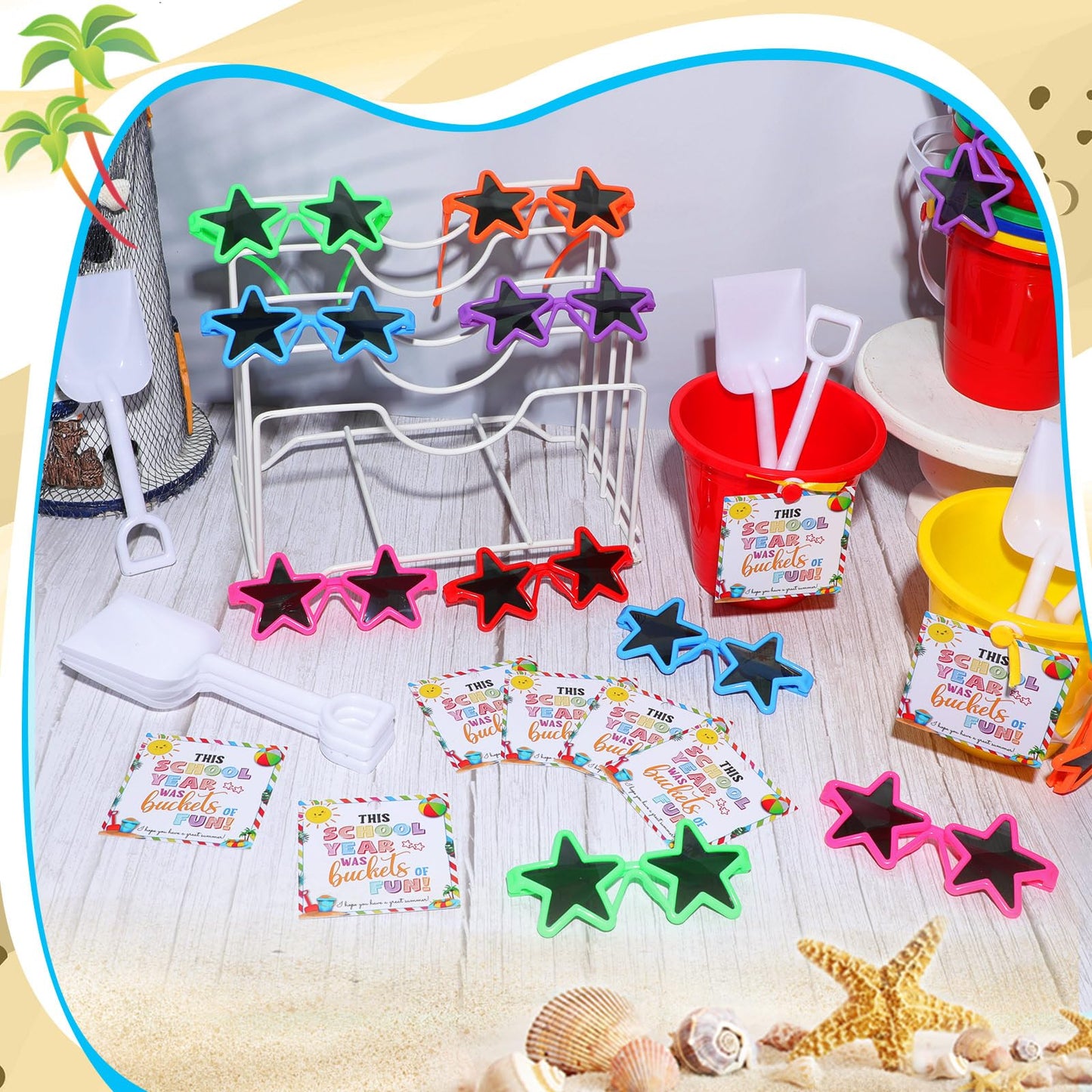 PullCrease 24 Set End of Year Students Beach Sand Bucket with Shovels Gift from Teacher Bulk Neon Sunglasses Cards Preschool Kindergarten Graduation Gifts for Beach Summer Party(Star,Colorful)