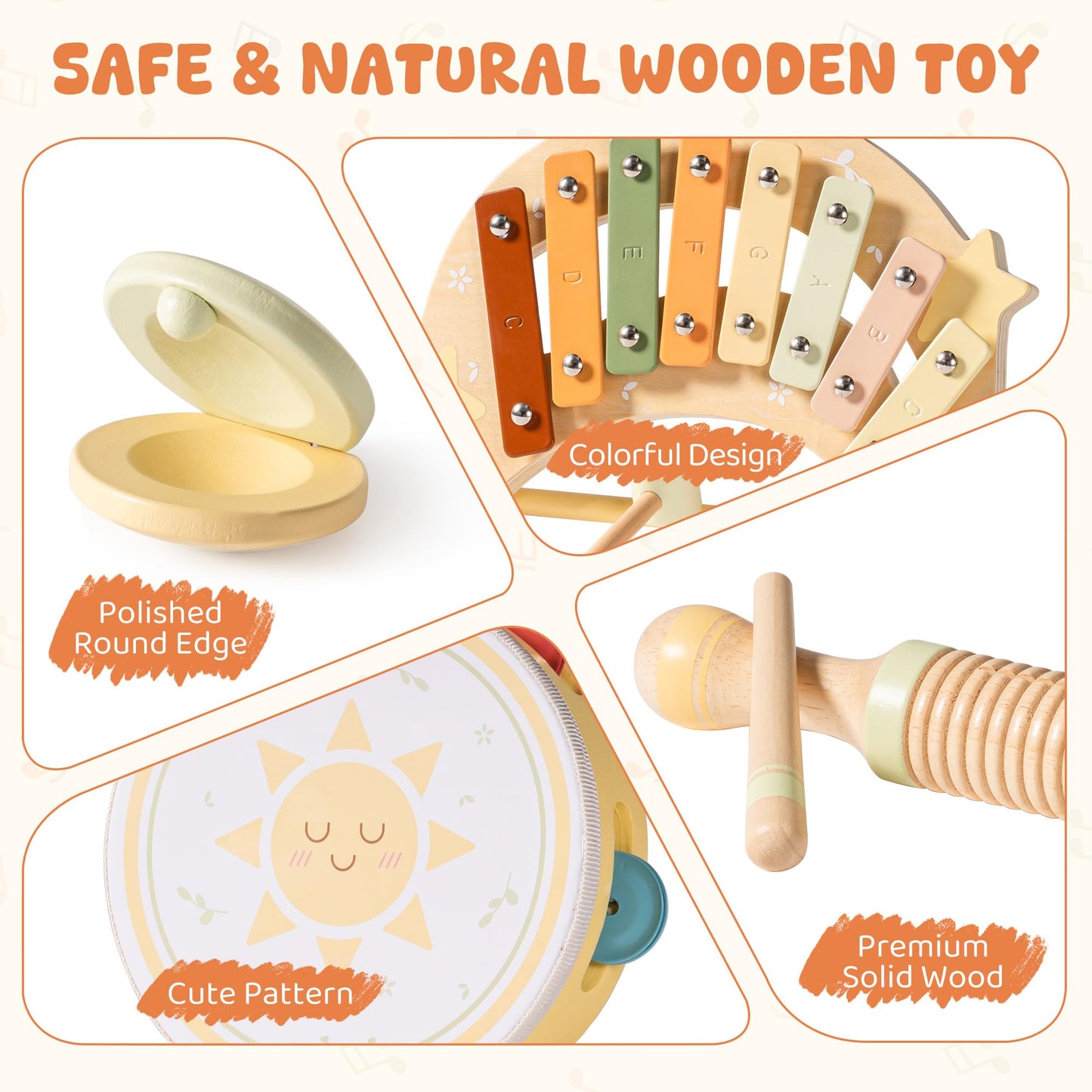 ROBUD Toddler Musical Instruments, Montessori Wooden Baby Musical Toys, Neutral Colors Musical Toys for Toddlers 1-3, Educational Percussion Set, for Boys and Girls(Star and Moon Theme)