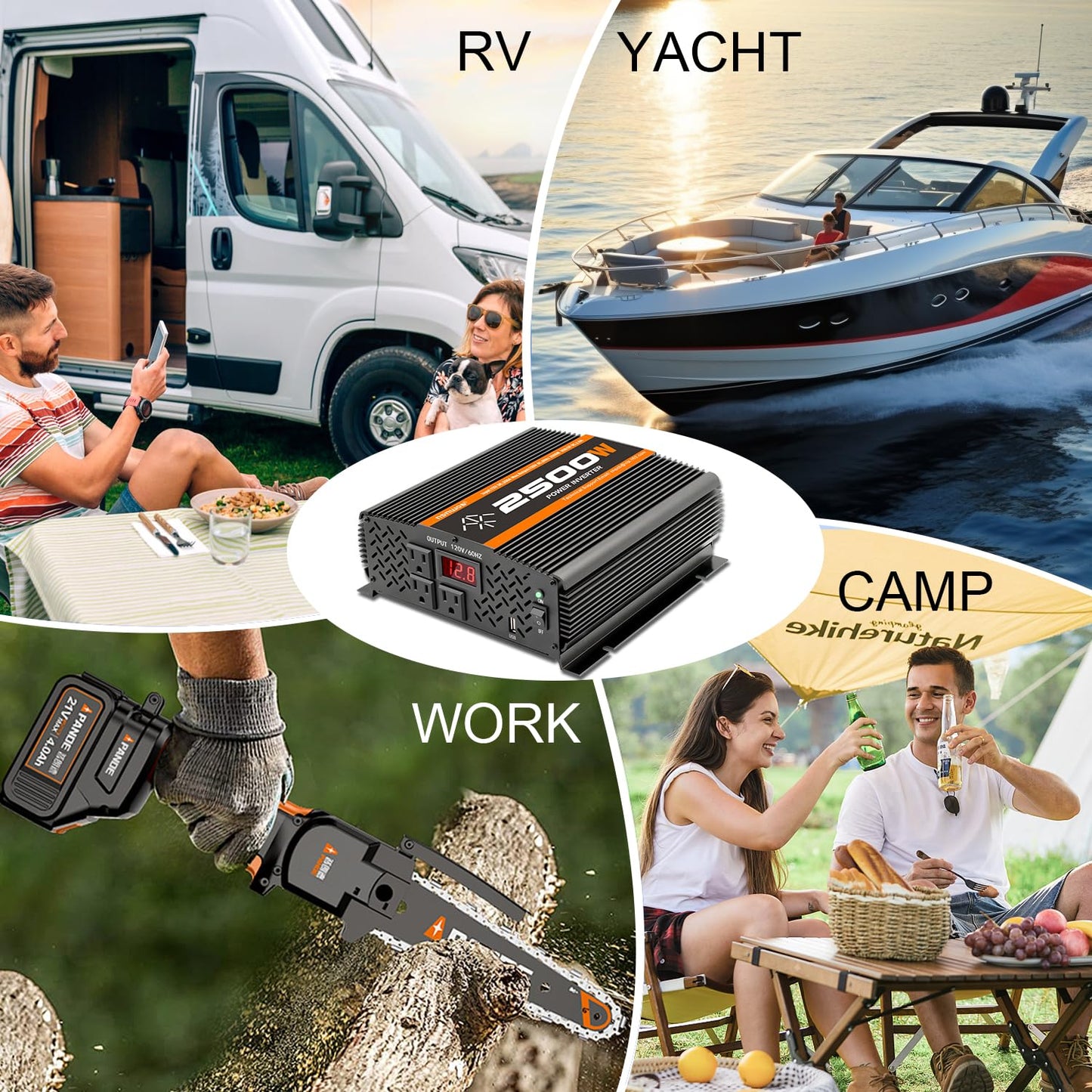 TVNIKD 2500 Watt car Power Inverter 12V to 110V /120V, 2000+ watt invertor for RV semi Trucks Vehicles 12V to 110V Converter with 3 AC outles and LCD Screen - 2500W