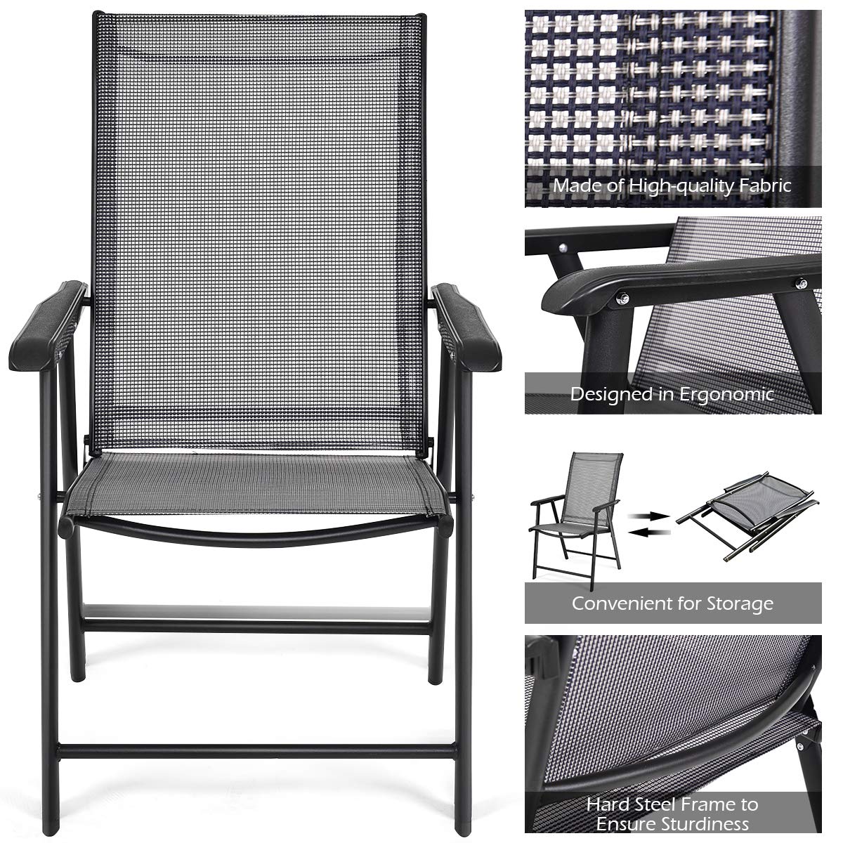 Giantex Set of 4 Folding Patio Chairs, Outdoor Portable Dining Chairs for Garden Camping Poolside Beach Deck Lawn, 4-Pack Sling Armchairs, Metal Frame, Grey