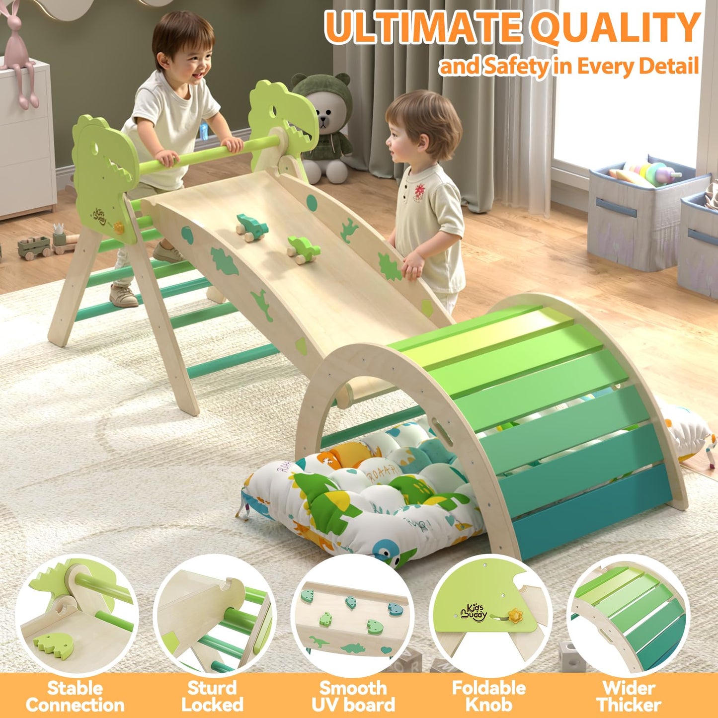 KidsBuddy Pikler Triangle Set with Cushion 9 in 1 Climbing Toys for Toddlers 1-3 Indoor Baby Climbing Gym Toddler Montessori Toys Wooden Toy with Maze Toy, Shape Sorter, Dinosaur Car