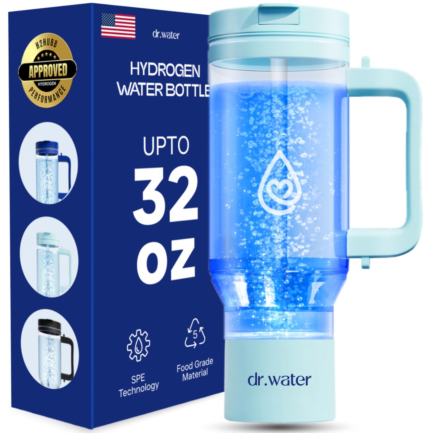 Hydrogen Water Bottle 32 Oz – Portable BPA Free Generator Tumbler with SPE/PEM Technology | Large Hydrogen Flask for Daily Hydration & Energy | H2 Infused Drinking Bottle Green by Dr Water