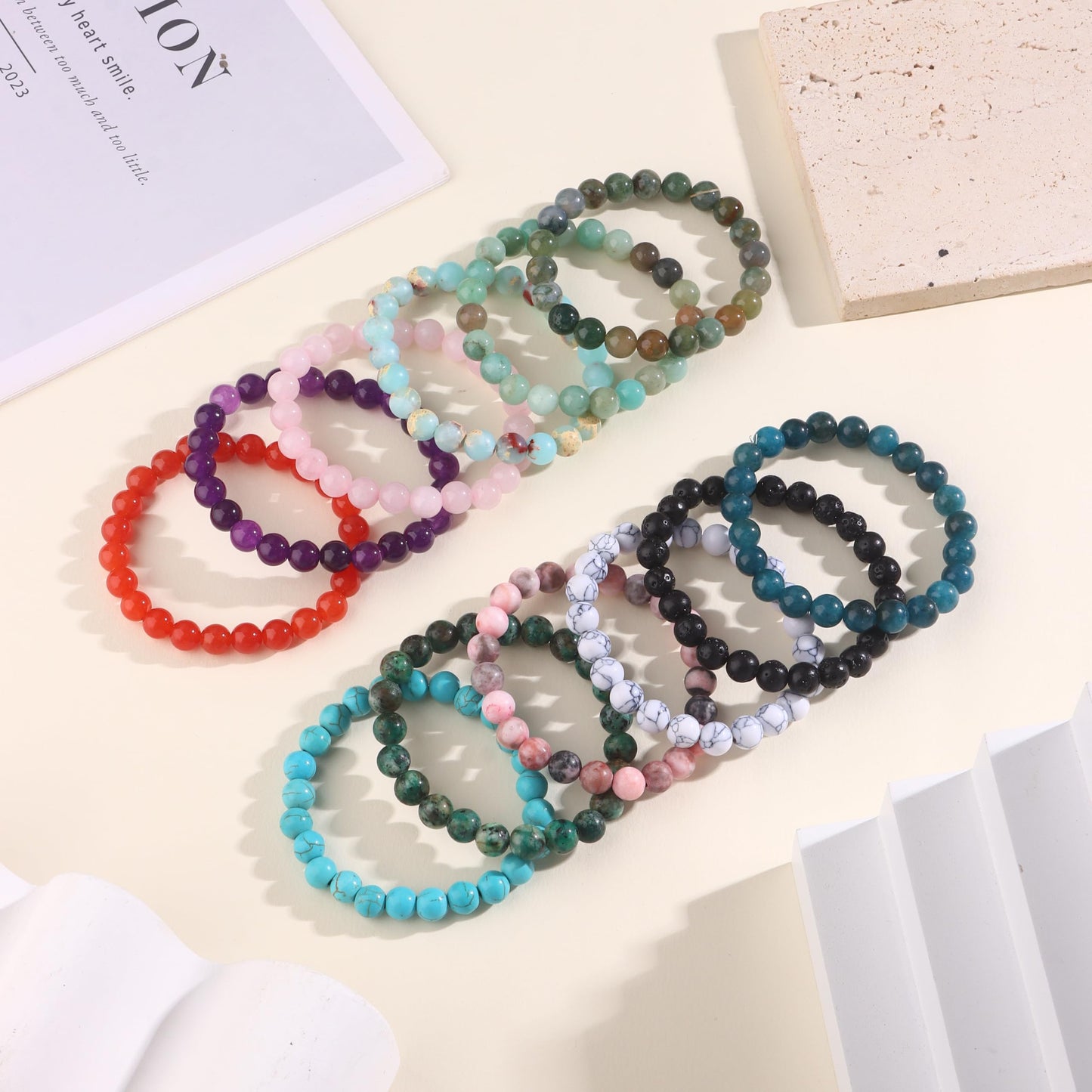 SAMOCO 12PCS 8mm Natural Crystal Bracelets for Women Men Semi-Precious Gemstone Beaded Bracelets Round Beads Gemstones Stretch Yoga Bracelet