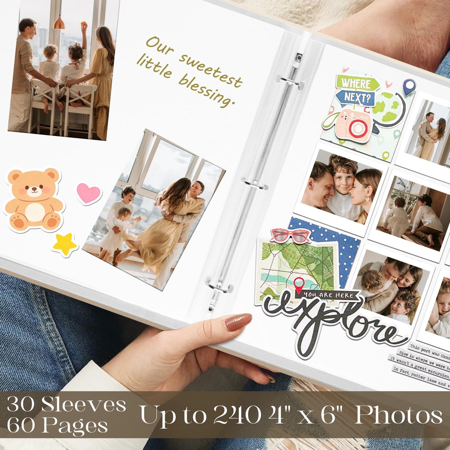 Vienrose Linen Scrapbook Photo Album Kit, Large 3 Ring Binder Scrapbook with 30 Plastic Sleeves, 15x13 Inch DIY Memory Book for Wedding, Anniversary, Family & Kids Keepsake Gift, Beige