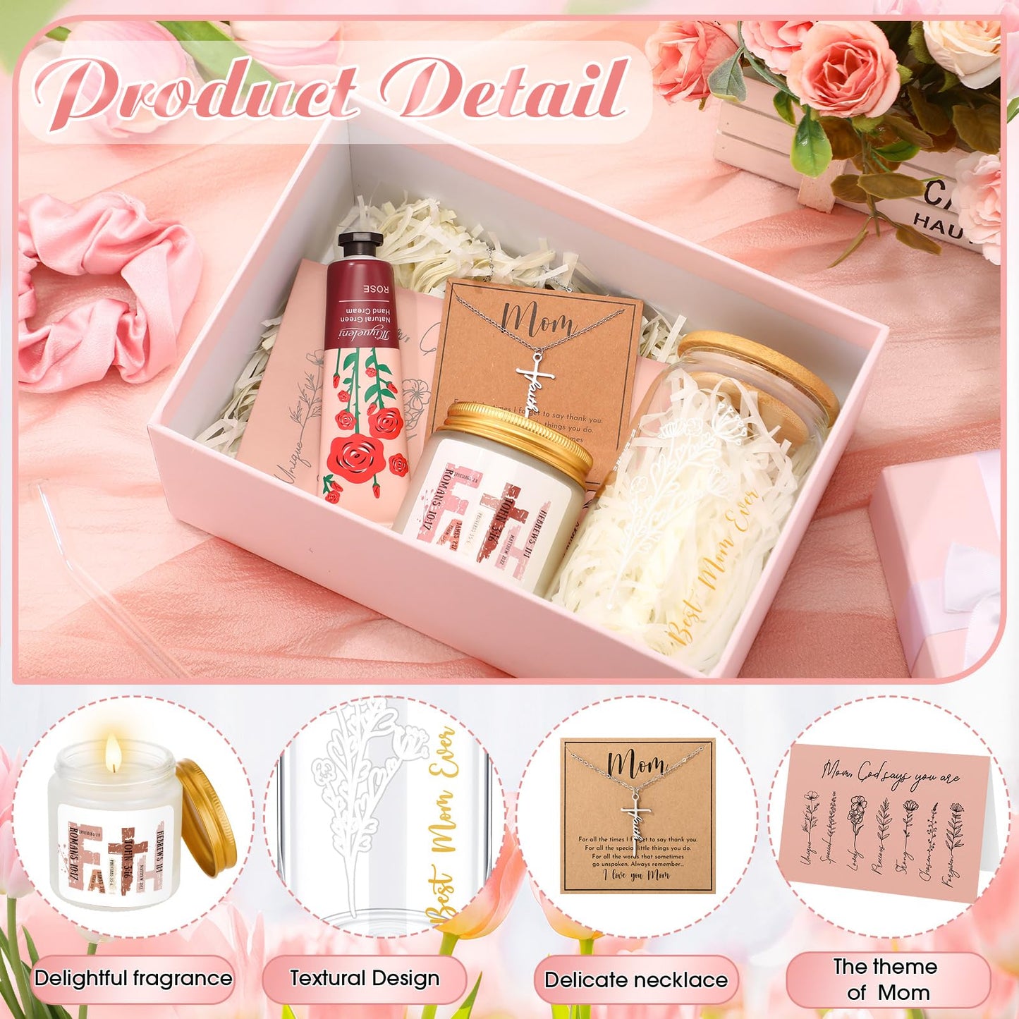 SilTriangle 10 Pcs Christian Gifts for Mom Faith Religious Bible Box Gift Set for Mother Women Glass Cup Candle Cross Necklace Hand Cream Hair Tie Greeting Card Birthday(Pink)