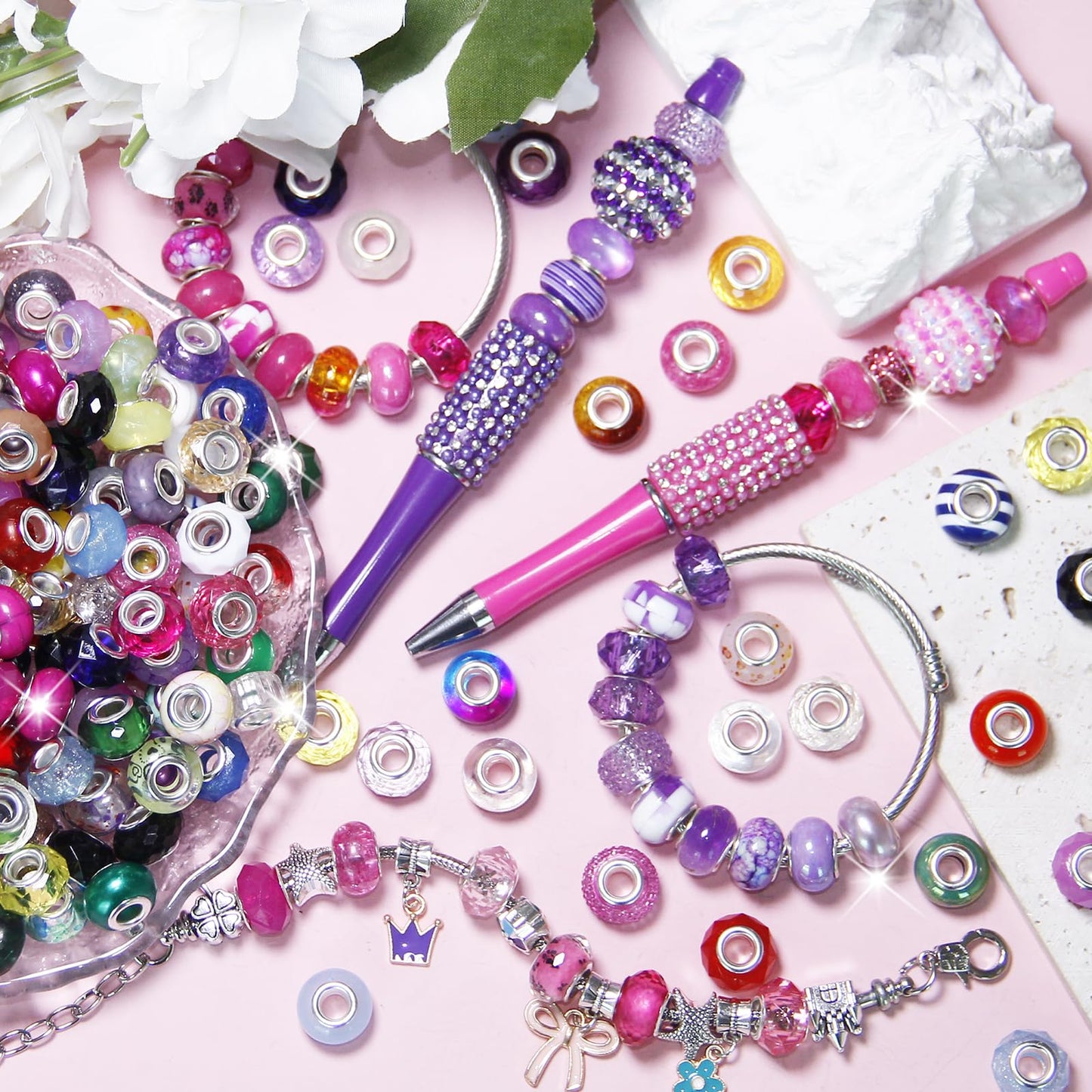 200 Pieces Large Hole Beads Spacer Bead Mixed Assorted European Craft Big Beads Large Hole Lampwork Murano Fairy Wand Garden Bead for DIY Pens Charms Bracelet Necklace Keychain Jewelry Making Supplies