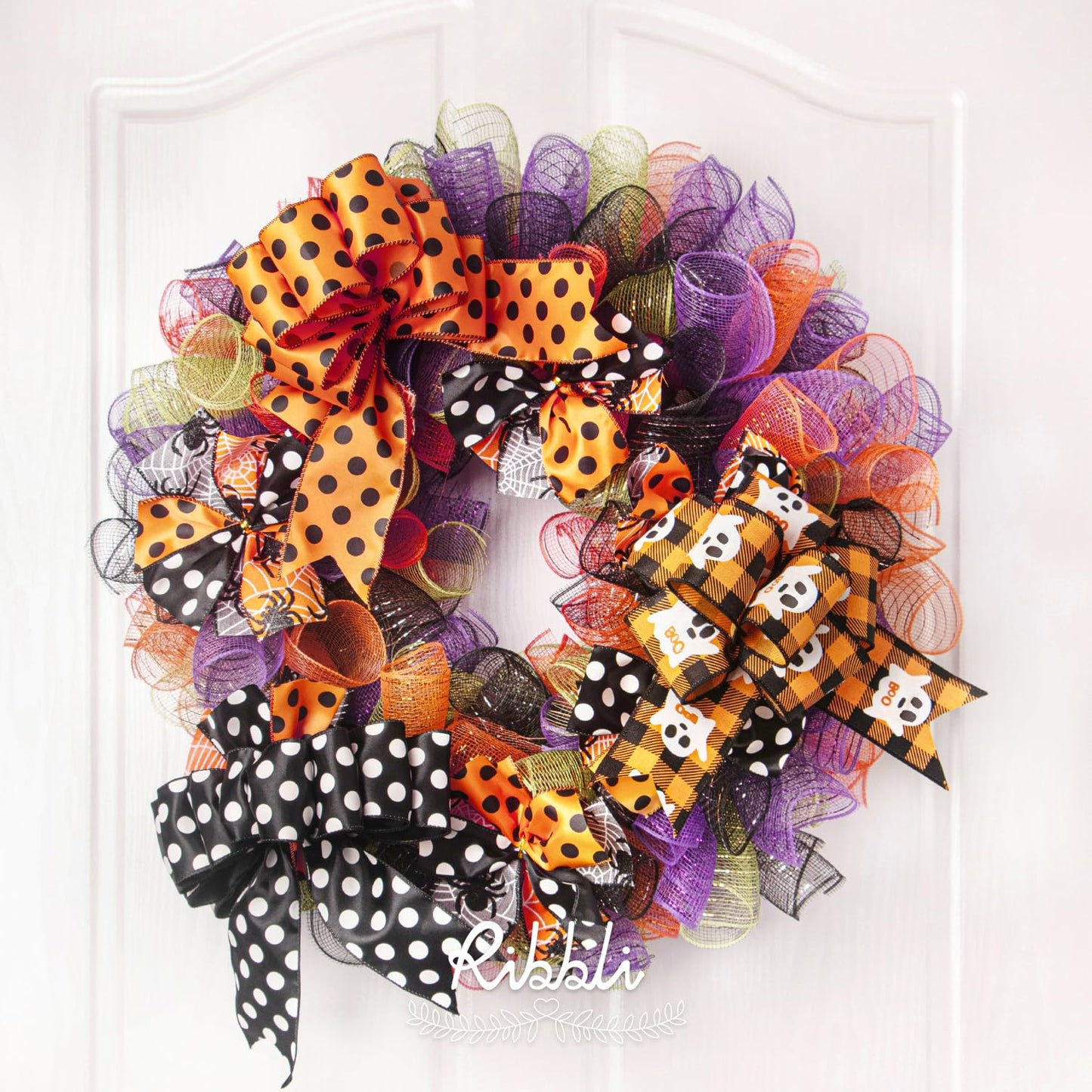 Ribbli Halloween Ribbon Wired,6 Rolls Orange and Black Halloween Ribbon 2.5 Inch Total 90 Feets(30 Yards), Ghost/Spider/Polka Dot/Black Velvet Ribbon for Crafts,Wreaths,Party Decoration