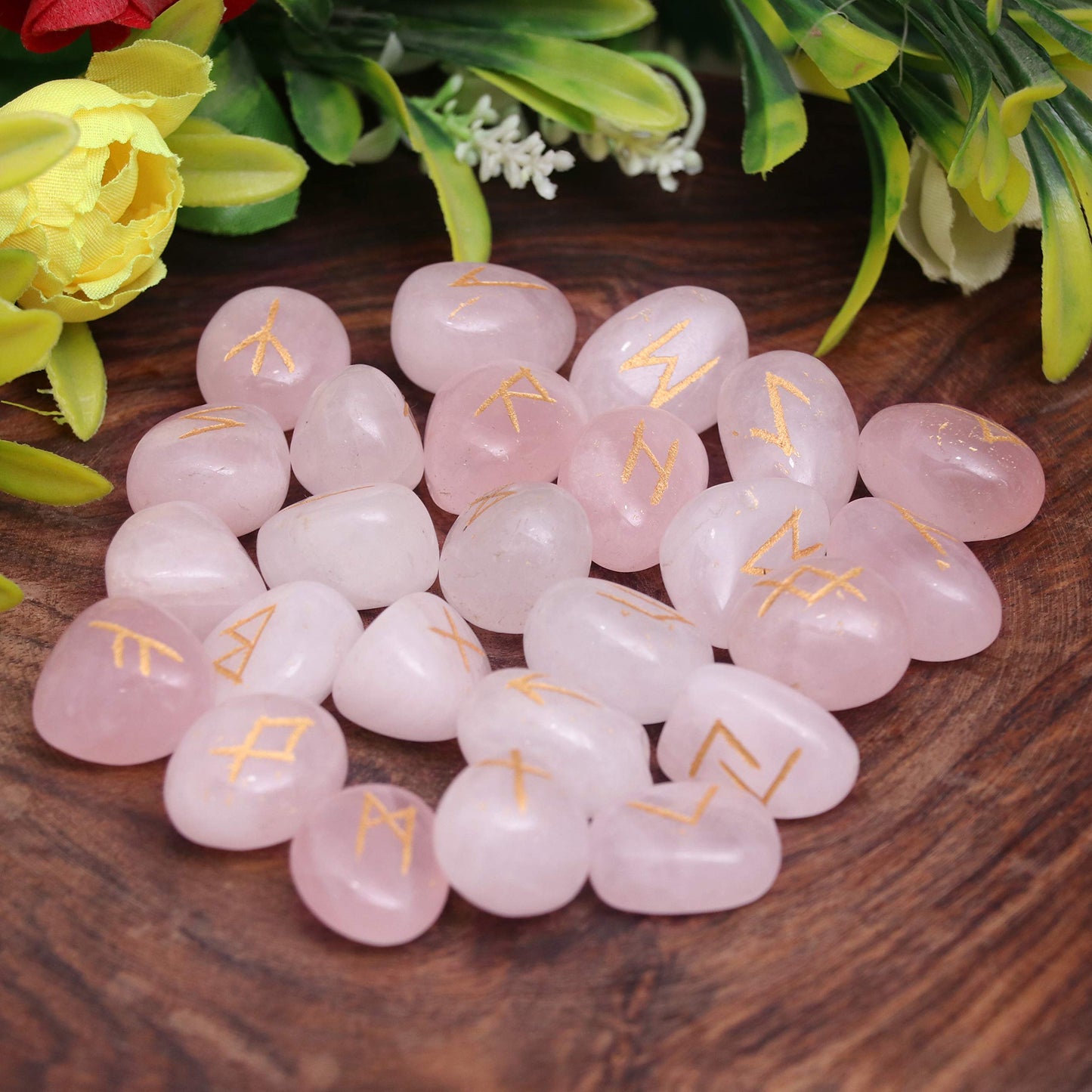 Crocon Rose Quartz Gemstone Rune Stone with Elder Futhark Alphabet Engraved Symbol 25 pcs Set for Feng Shui Reiki Crystal Healing Chakra Balancing Gift Home Decor Size: 15-20 mm
