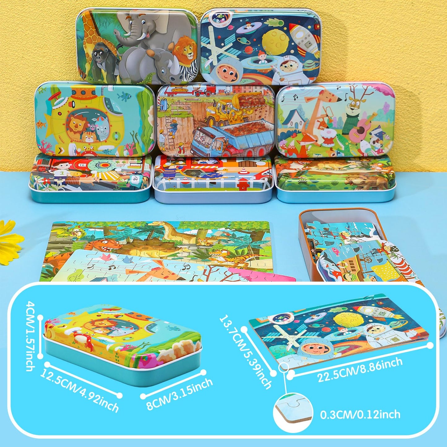 Libima 9 Boxes Party Favors Jigsaw Puzzles in a Metal Box for Birthday Favors Supplies Wooden Puzzle Gifts, 9 Styles, 60 Pieces Each(Delicate Style)