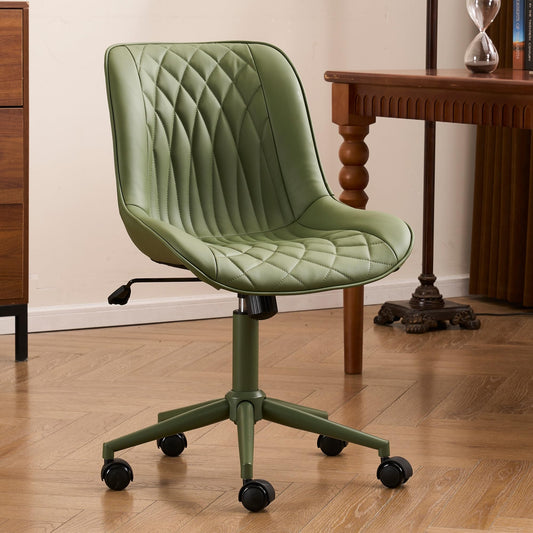 YOUNIKE Home Office Desk Chair with Wheels Armless Vanity Chair with Back Comfy Modern Leather Upholstered Rolling Task Chair Swivel Small Cute No Arms Wide Adjustable Ergonomic All Green