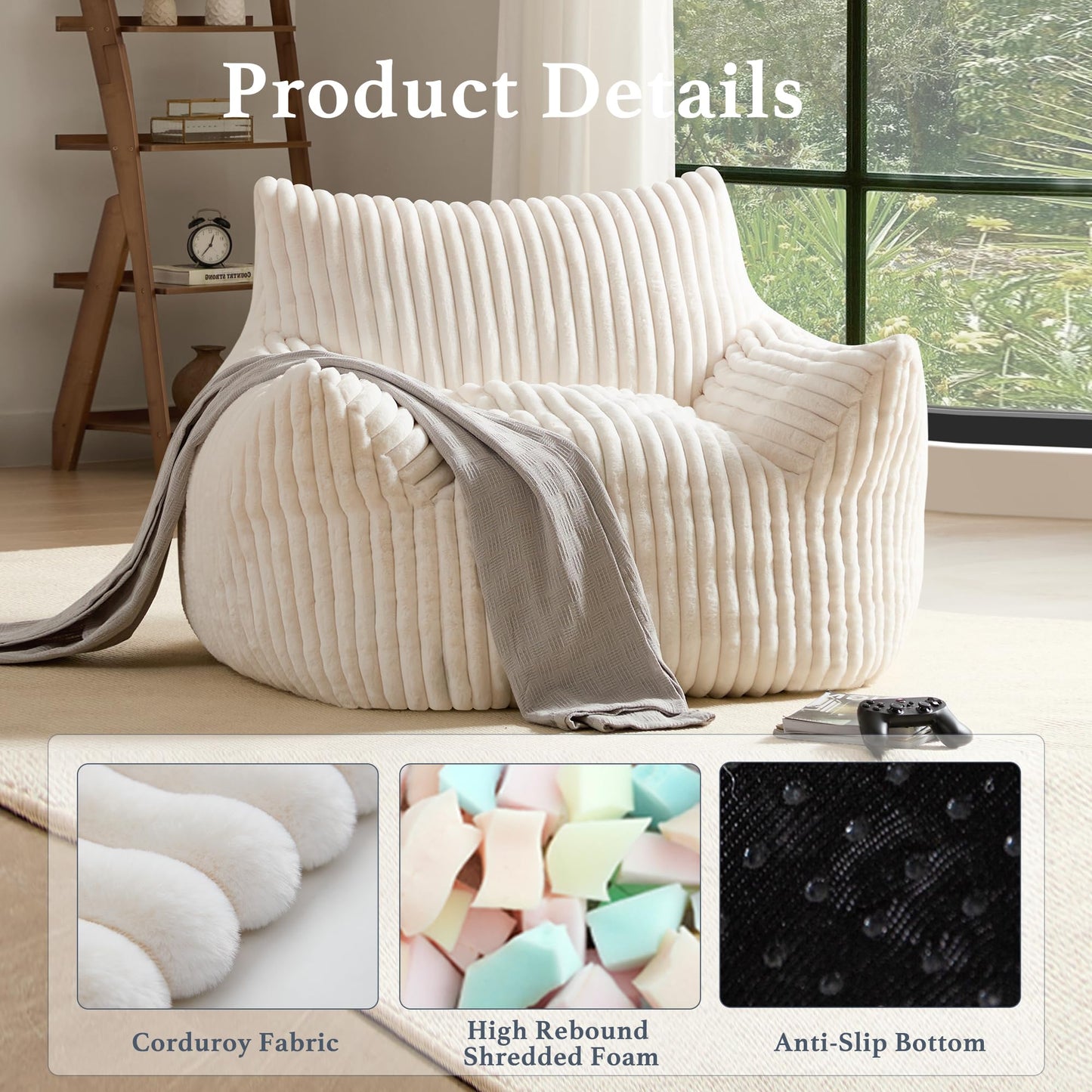 Giant Plush Bean Bag Chair for Adults with Armrests - Oversized Comfy Beige Beanbag Lounge Lazy Floor Sofa Accent Chair for Living Room, Bedroom & Dorm, Cozy Fluffy Single Cloud Mini Couch