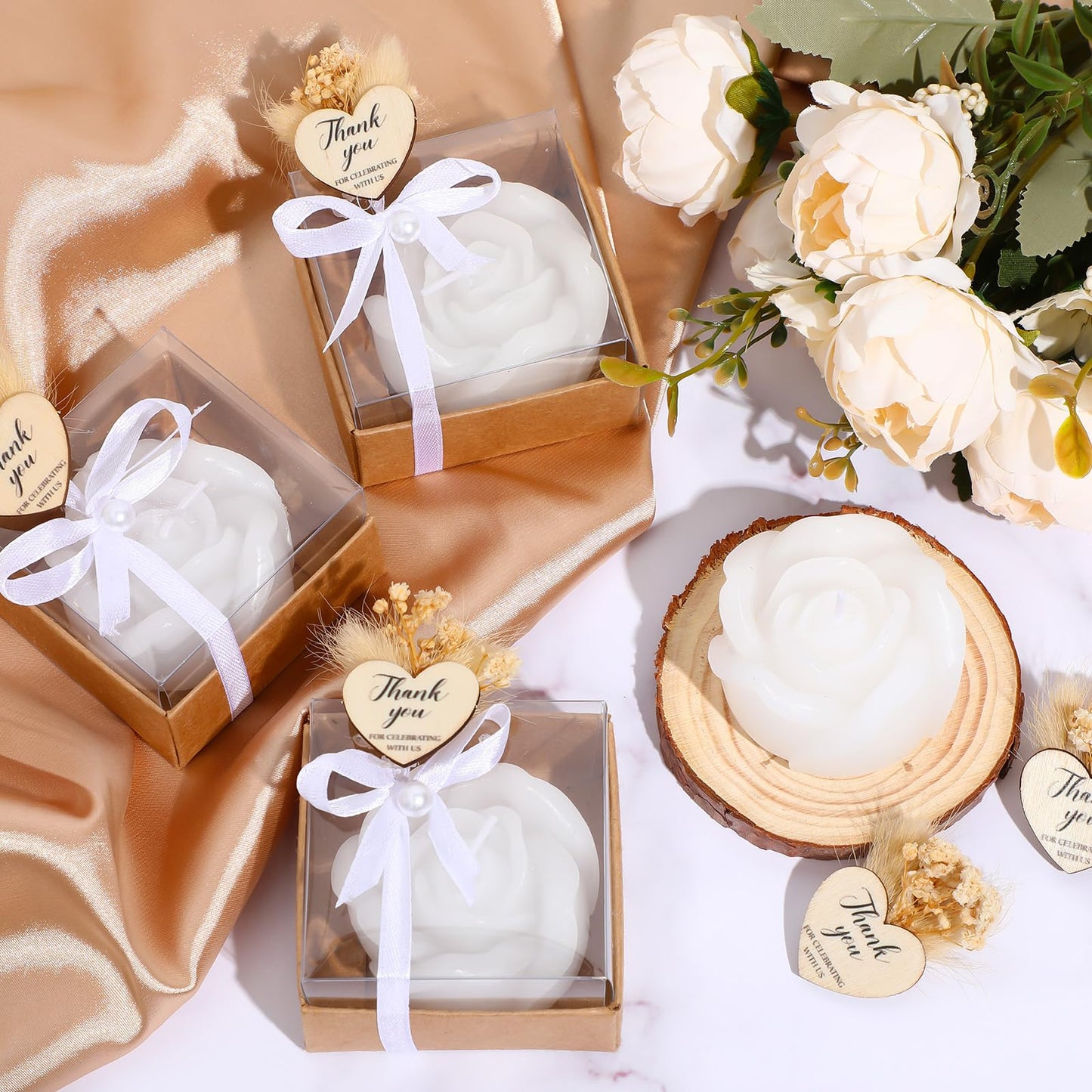 Threlaco 50 Sets Rose Candles Scented with Dried Flower Mini White Rose Petal Candle Gifts Gift Set for Wedding Bridal Shower Baby Shower Birthday Party Favors Decoration