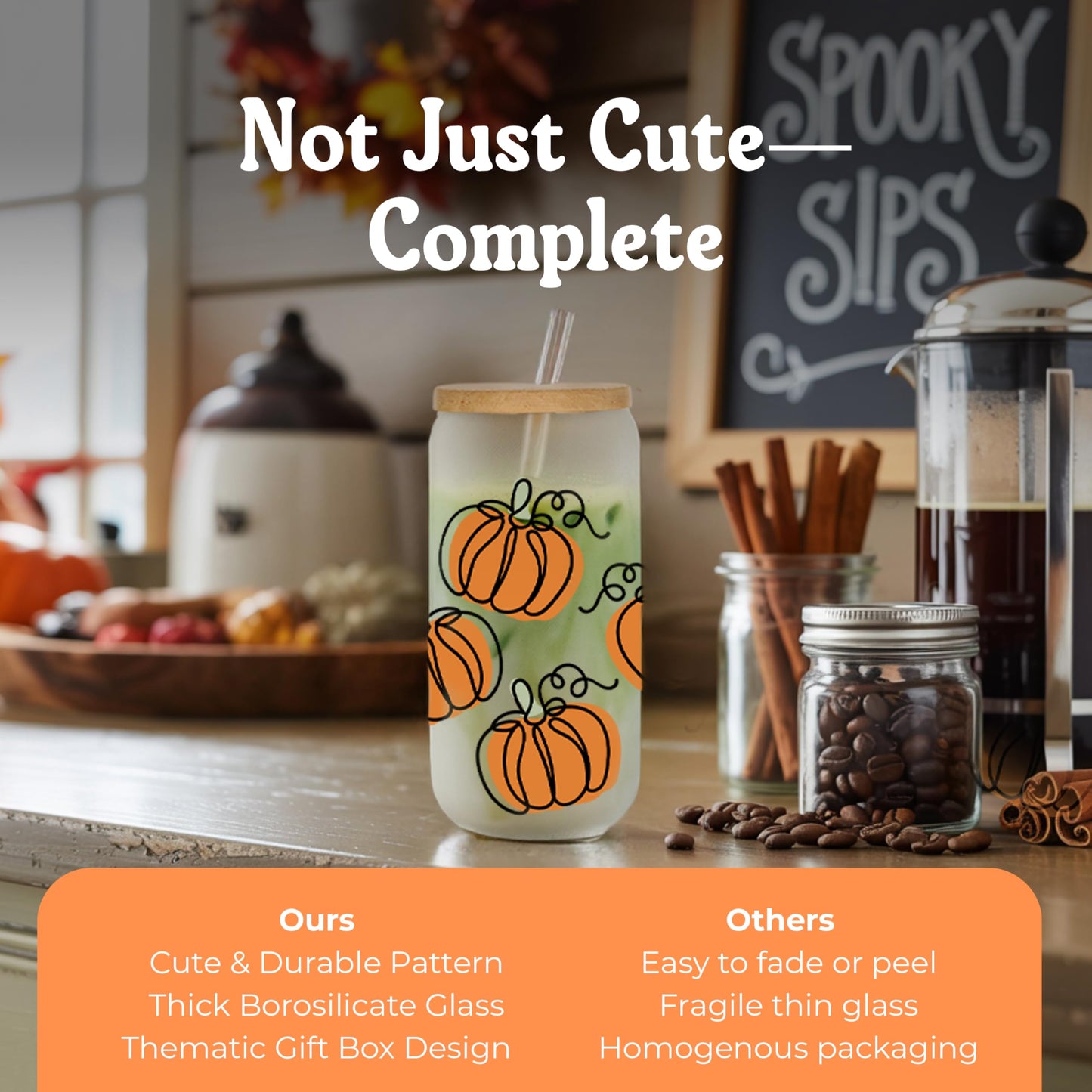 BOYIN HUES Halloween Pumpkin Cups - Cute Halloween Gifts Spooky Boo Basket Stuffers for Women, Teens, Kids - 16oz Glass Iced Coffee Cup w/Lid and Straw - Trick or Treat Party Favors Fall Decor