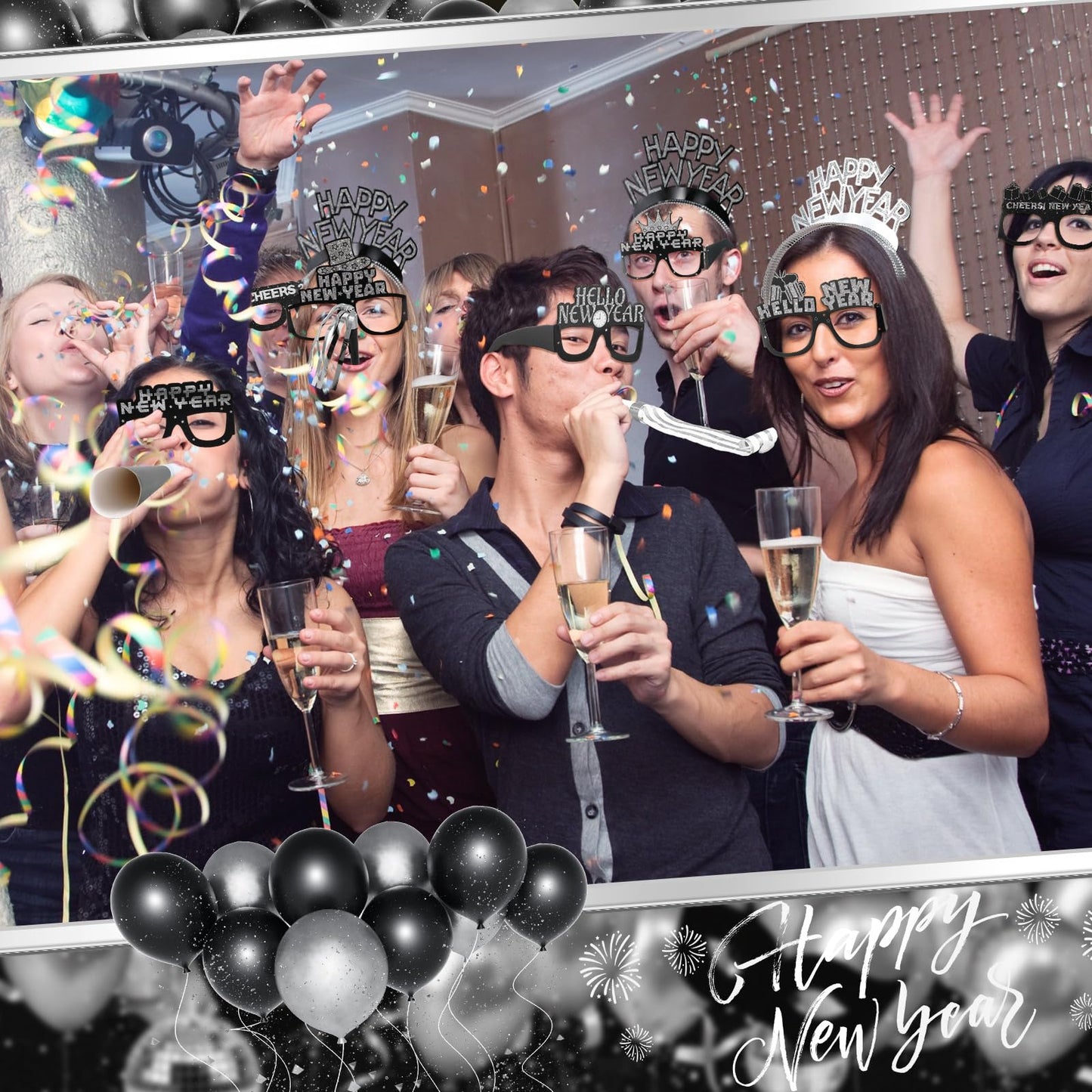 Junkin 54 Pcs New Years Eve Party Supplies 2026 Kit for 24 Guests Include Top Hats Cone Hats Glasses Headbands Blowing Dragon Trumpet Happy New Year Decorations Bulk Party Favors (two-tone)