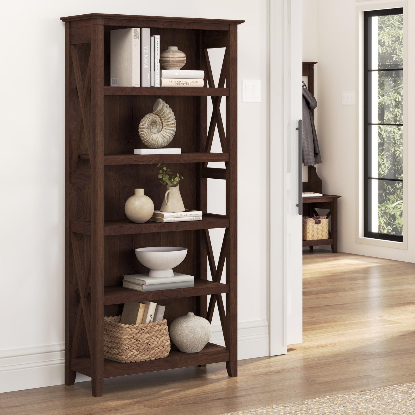 Bush Home Tall 5 Shelf Bookcase for Living Room or Home Office, Large Bookshelf, Modern Farmhouse Style, Key West Collection, Bing Cherry