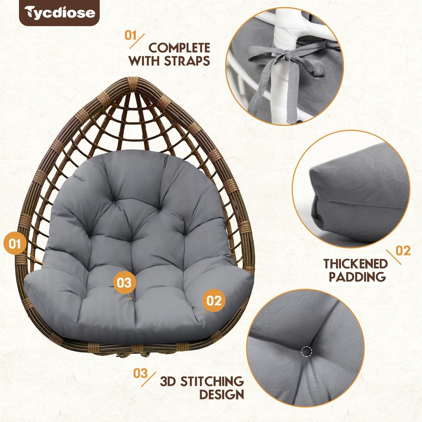 Tycdiose Egg Chair Cushion Replacement, Waterproof Outdoor Hanging Egg Swing Chair Cushions Pads, U-Shaped Thickened Cushions for Hanging Eggs Chair with Ties, 47x33x7 Inches (Grey)