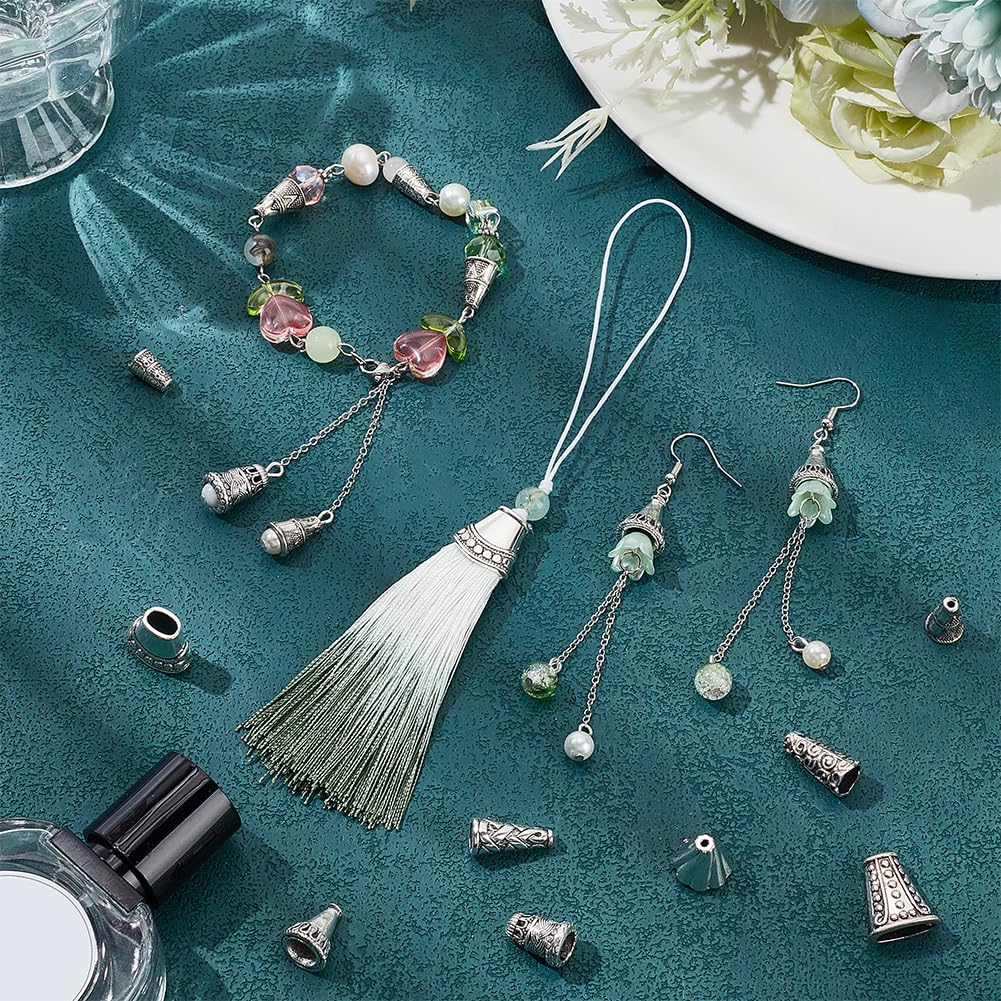 PH PandaHall 60pcs 10 Styles Cone Bead Caps, Tibetan Style Alloy Flower Bead Caps Spacers Tassel End Cap for Earring Necklaces Keychain Pendants Jewelry DIY Crafts Making, Antique Silver