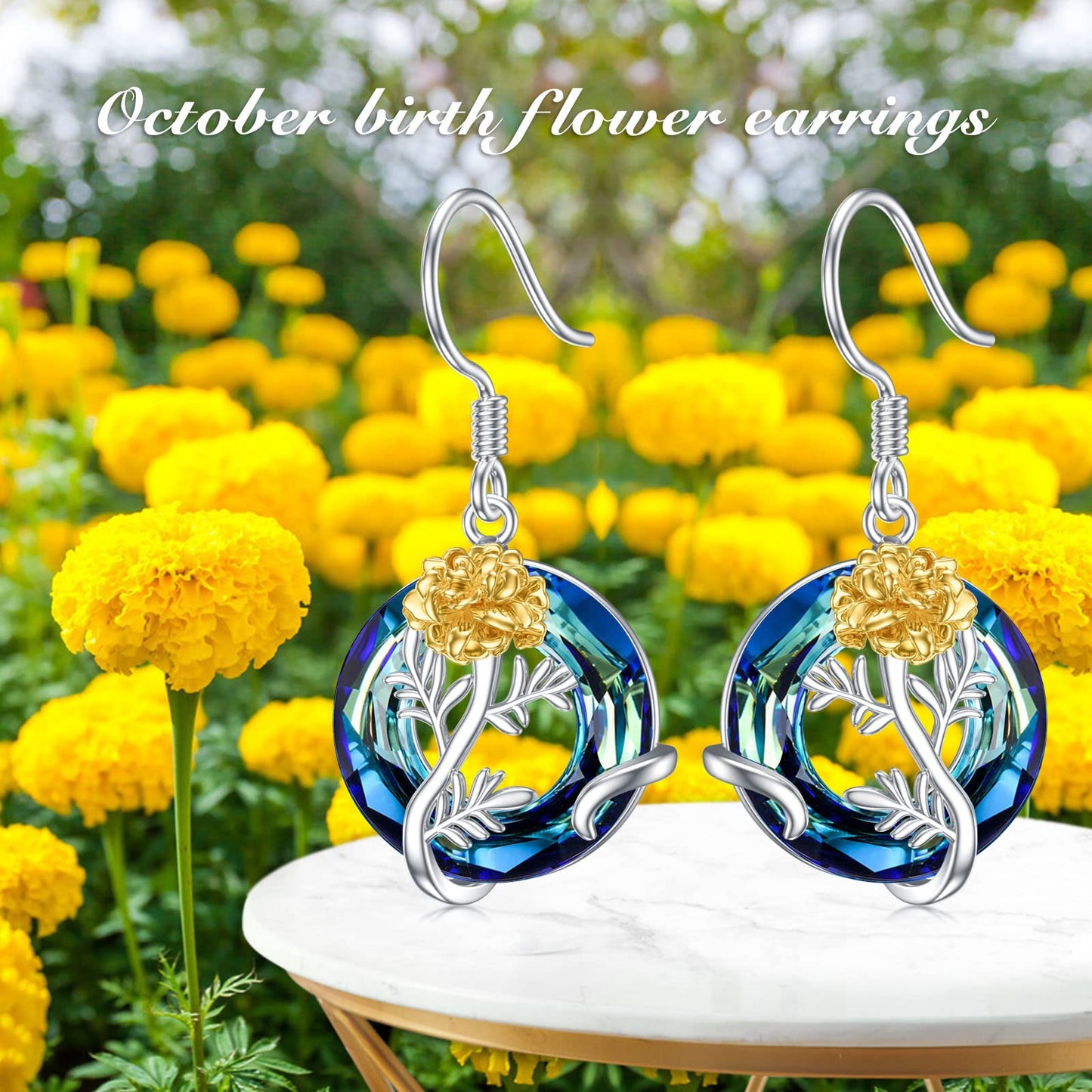 TOUPOP October Birth Flower Earrings Marigold Drop Dangle Earrings Blue Crystal Jewelry Birthday Mothers Day Gifts for Women Mom Her