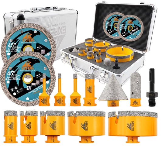 EXFEIN Diamond Tile Hole Saw Kit 14pcs 6/6/8/19/25/35/50/75/102mm Drill Bits & Adapter with 4/5" Finger Bit and 2" Chamfer Bit and 2pcs 4.5 Inch Diamond Blade for Tile Porcelain Ceramic Marble Granite