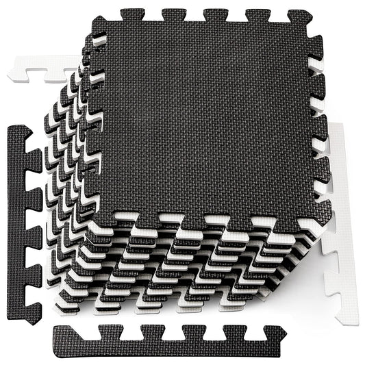 DEAYOU 16 Tiles Interlocking Foam Mat Floor Tiles, 12" x 12" EVA Foam Puzzle Mat with Borders, 0.4" Thick Soft Protective Exercise Padding Mats for Fitness, Play, Gym, Black and Cream White