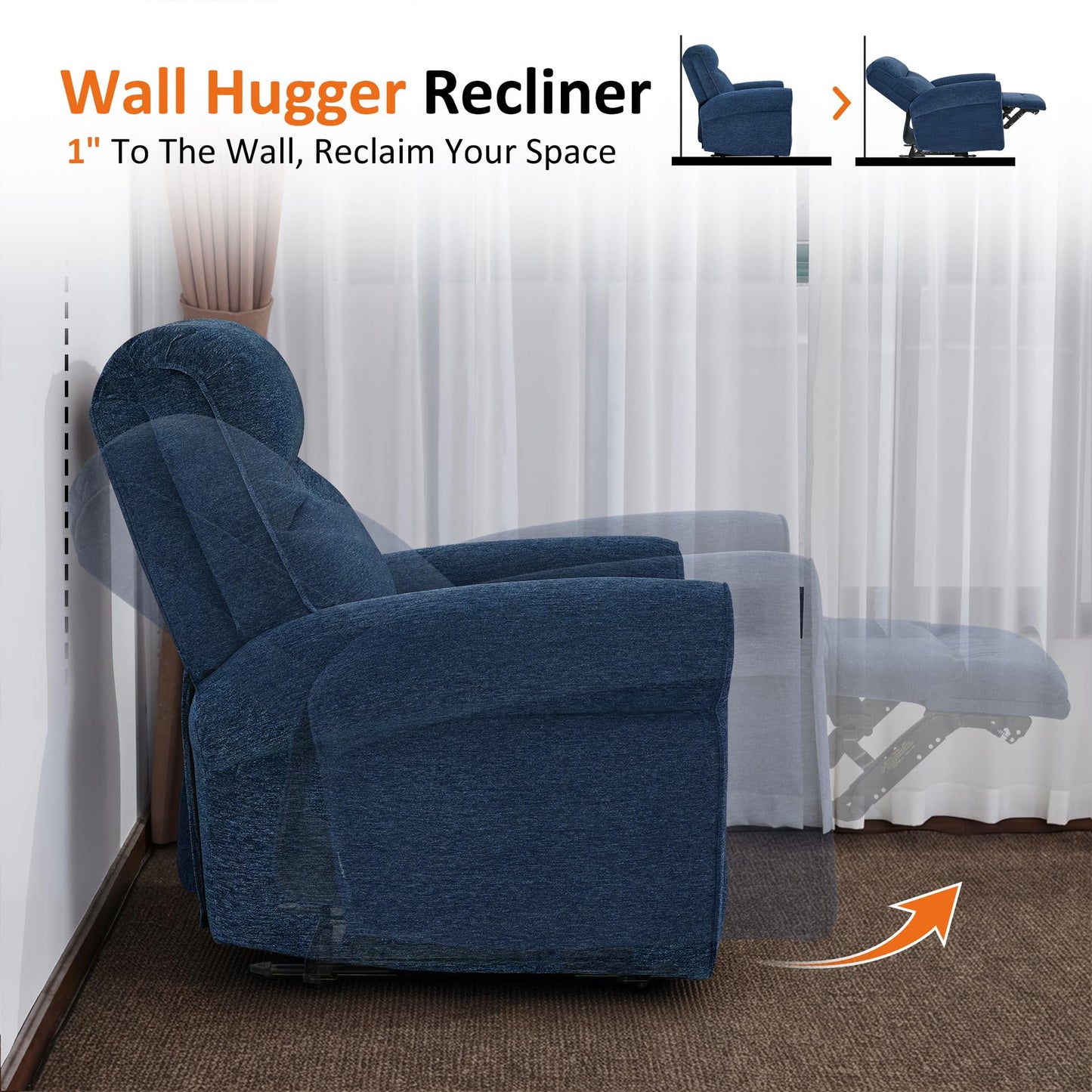 MCombo Compact Wall Hugger Power Recliner Chair for Small Spaces, Dual USB-A/C Ports, Rolled Arm Recliner for Living Room & RV, Fabric PR520 (Fabric, Navy Blue, Small)