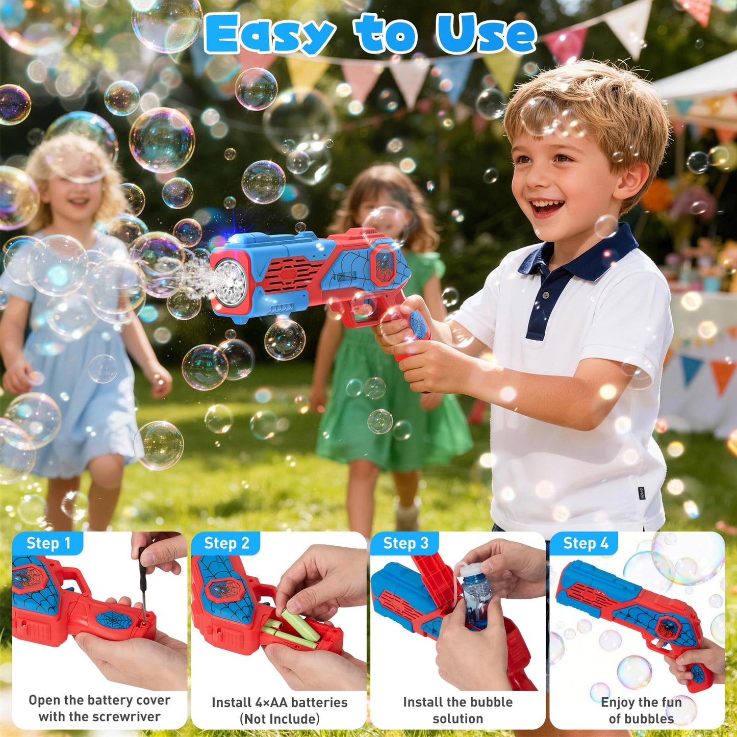 2PCS Bubble Gun for Kids, Spider Bubble Machine Gun with 4 Bubble Solution, Outdoors Toy, Easter, Halloween, Christmas, Party Favors, Birthday Gifts for Boys & Girls Ages 3 4 5 6 7 8