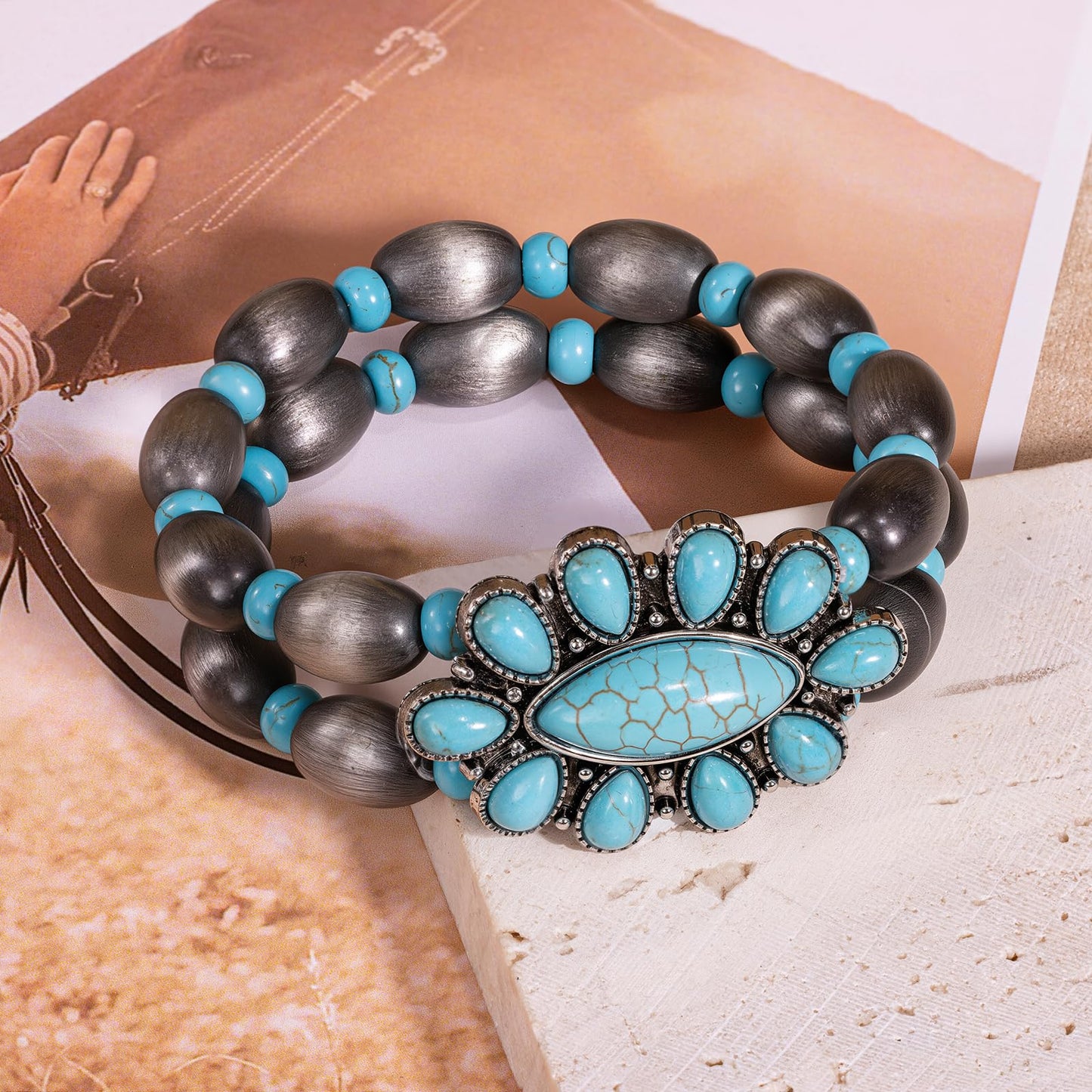 Montana West Rustic Couture's Jewelry Western Navajo Beaded Turquoise Cuff Bangle Bracelets Bohemian Vintage Elastic Bracelet for Women Cowgirl RCW-WH06TQ