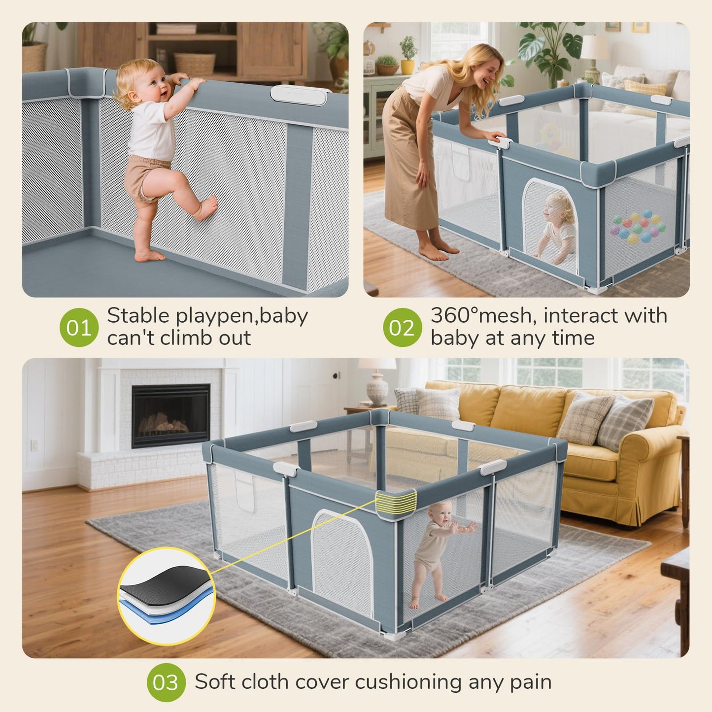 Foldable Baby Playpen - 50"×50" Collapsible Play Pen for Babies and Toddlers - Indoor Outdoor Play Pen with 4 Handles - Folding Baby Playpen with Carry Bag Portable Travel Play Yard
