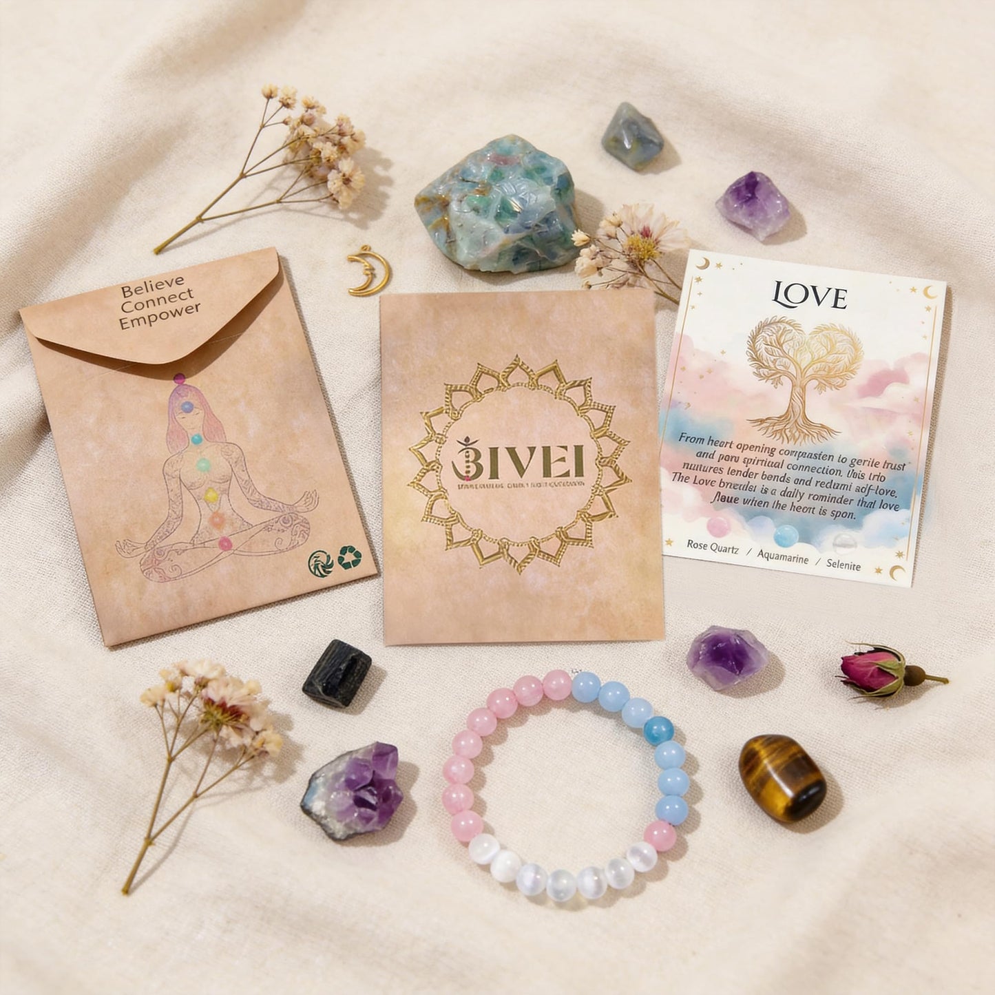 Bivei Love Bracelet, Strength Crystal Healing Bracelet 8MM with Rose Quartz & Aquamarine & Selenite - Spiritual Stretch Beaded Jewelry for Women Men Gift