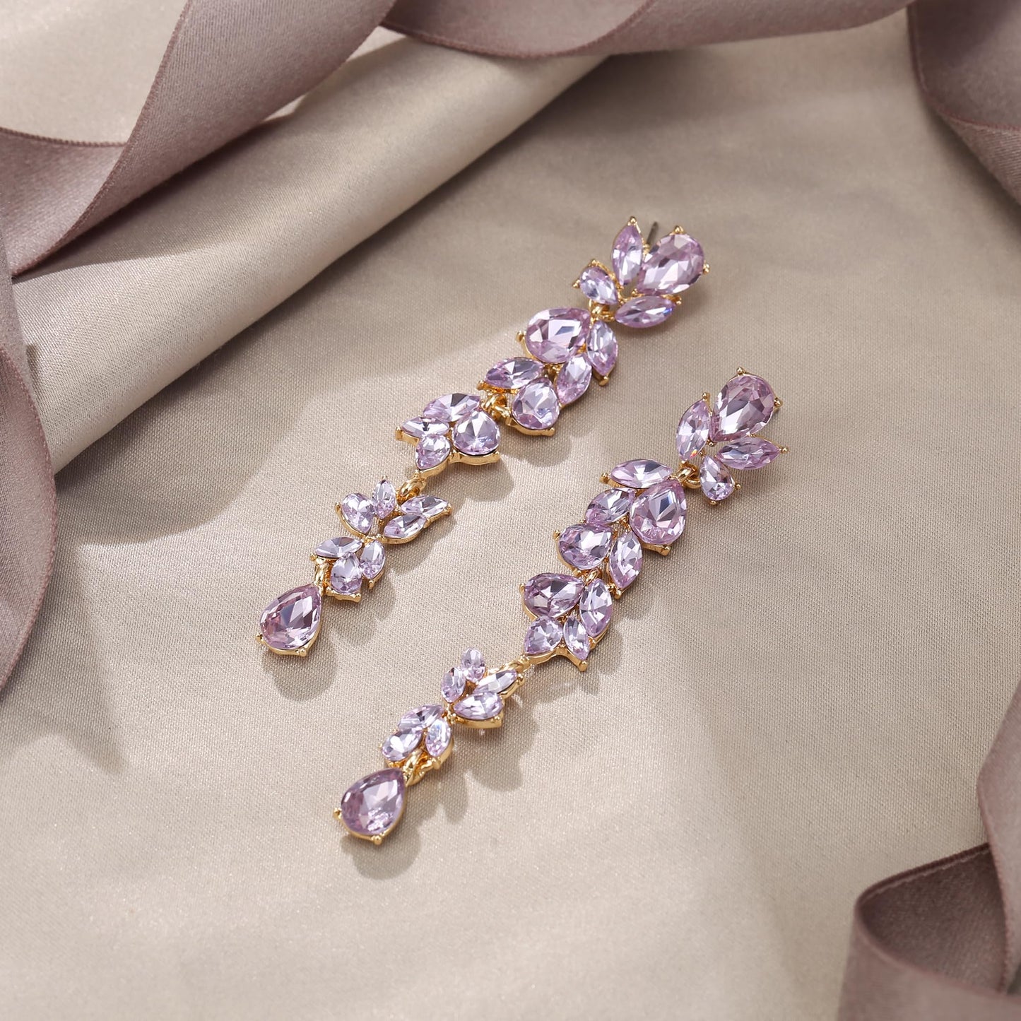 EVER FAITH Wedding Rhinestone Chandelier Dangle Earring for Women, Crystal Art Deco Bridal Teardrop Marquise Long Drop Earrings for Prom Light Purple Gold-Plated-Base