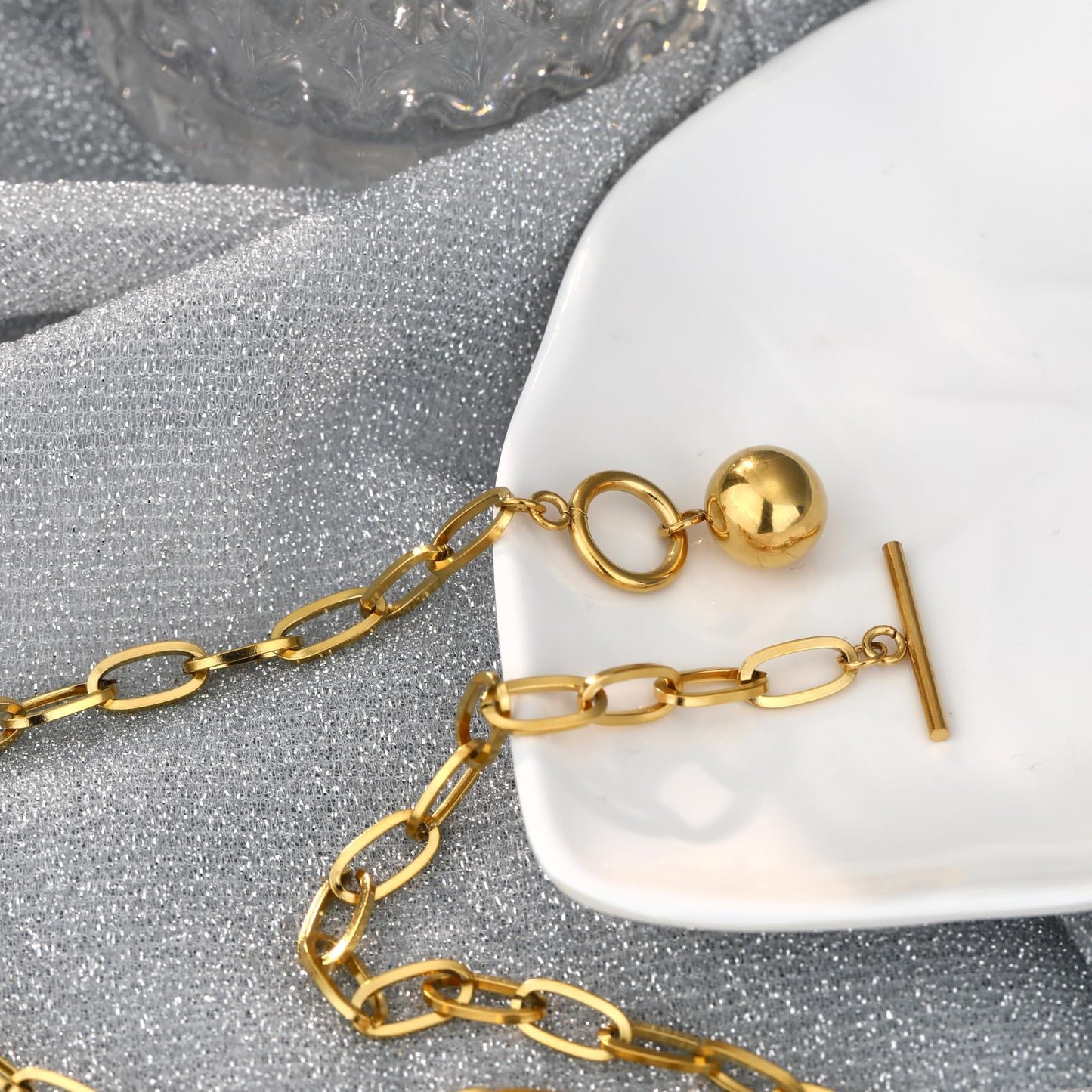 BONJOULRY Chunky Gold Necklace for Women, 18K Waterproof Heart Necklace Statement Necklace Gold Charm Necklace Chunky Jewelry Paperclip Chain Choker Gift for Women (Golden Ball)