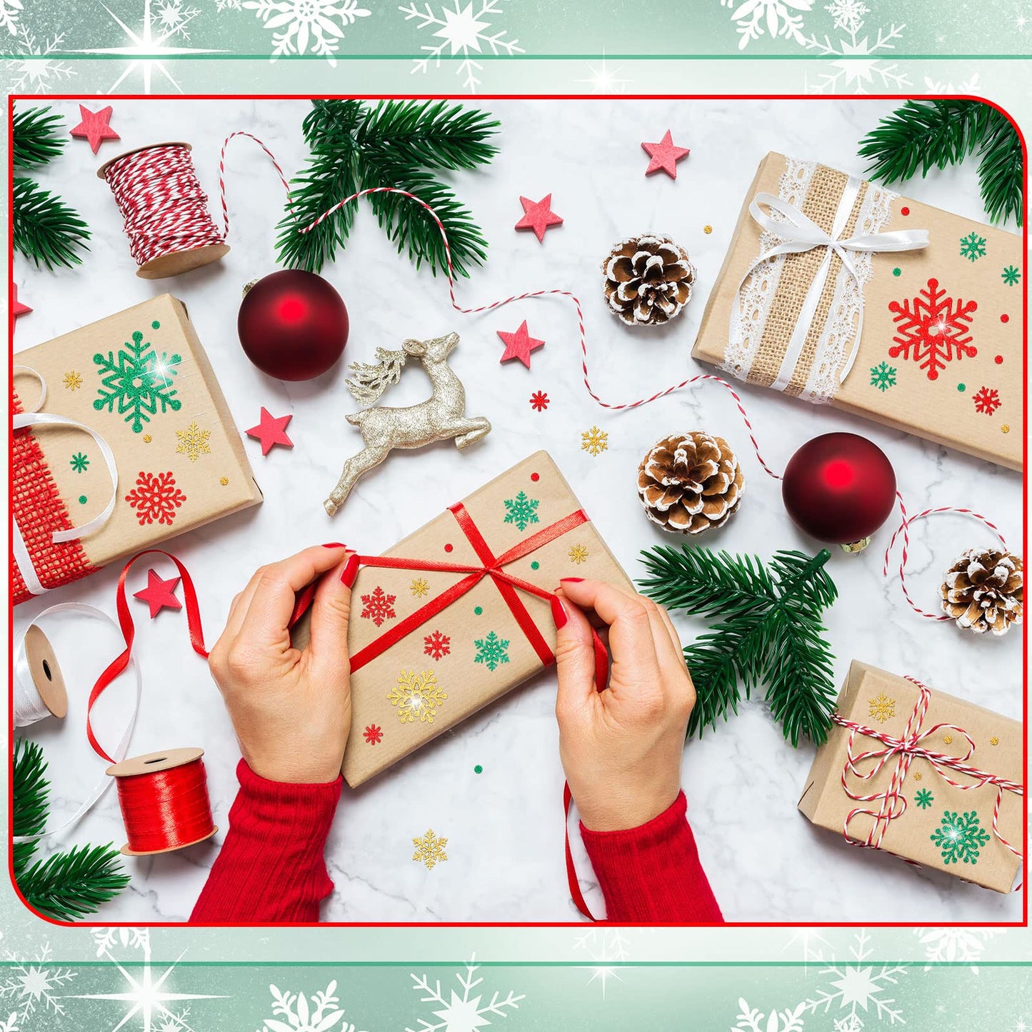 Outus 16 Sheets Snowflake Stickers Glitter Winter Frozen Stickers Snowflake Party Favors Christmas Scrapbook Crafts Assorted Size, 39 Pcs Snow Flakes Dot Decals Per Sheet (Red,Green,Gold)