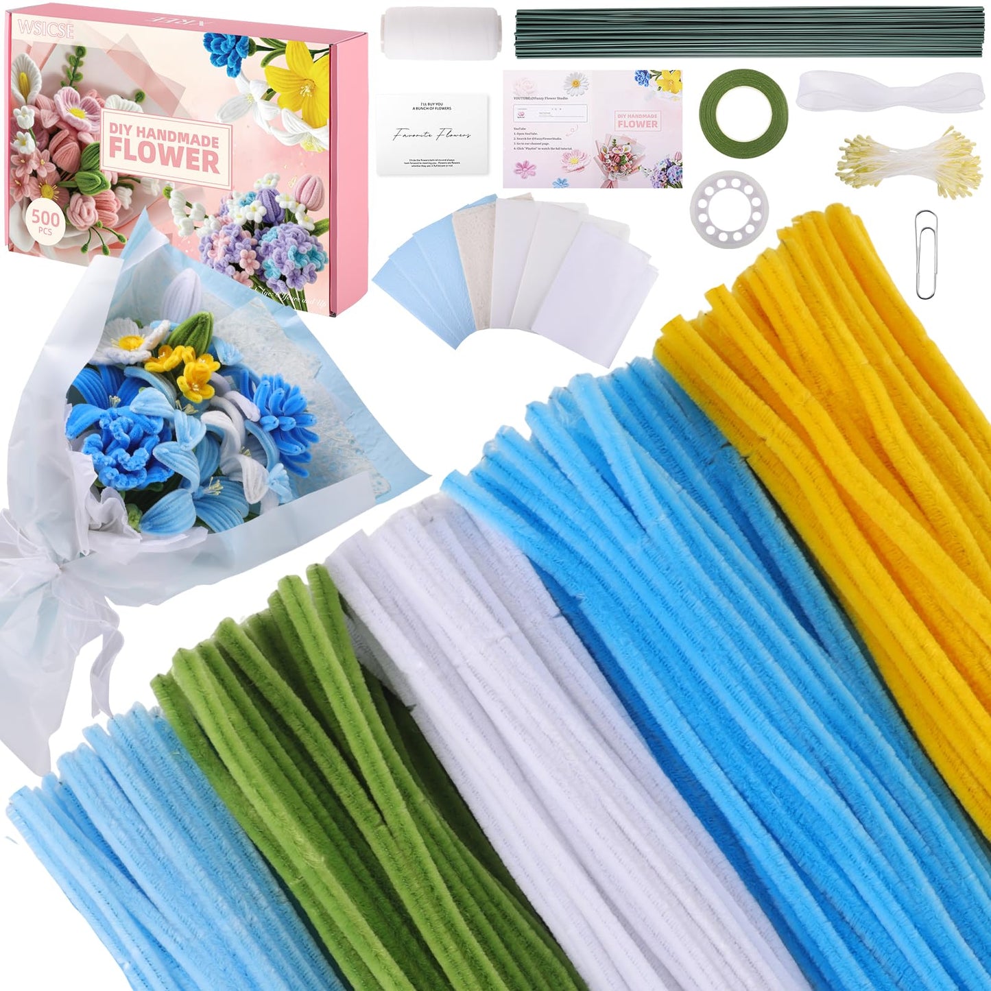 WSICSE 500Pcs Blue Pipe Cleaner Flower Kit, Pipe Cleaners Bulk Chenille Stems with Floral Wires, Gardening Tape,Stamen& Ribbon, Wrapping Paper (5 Colors)