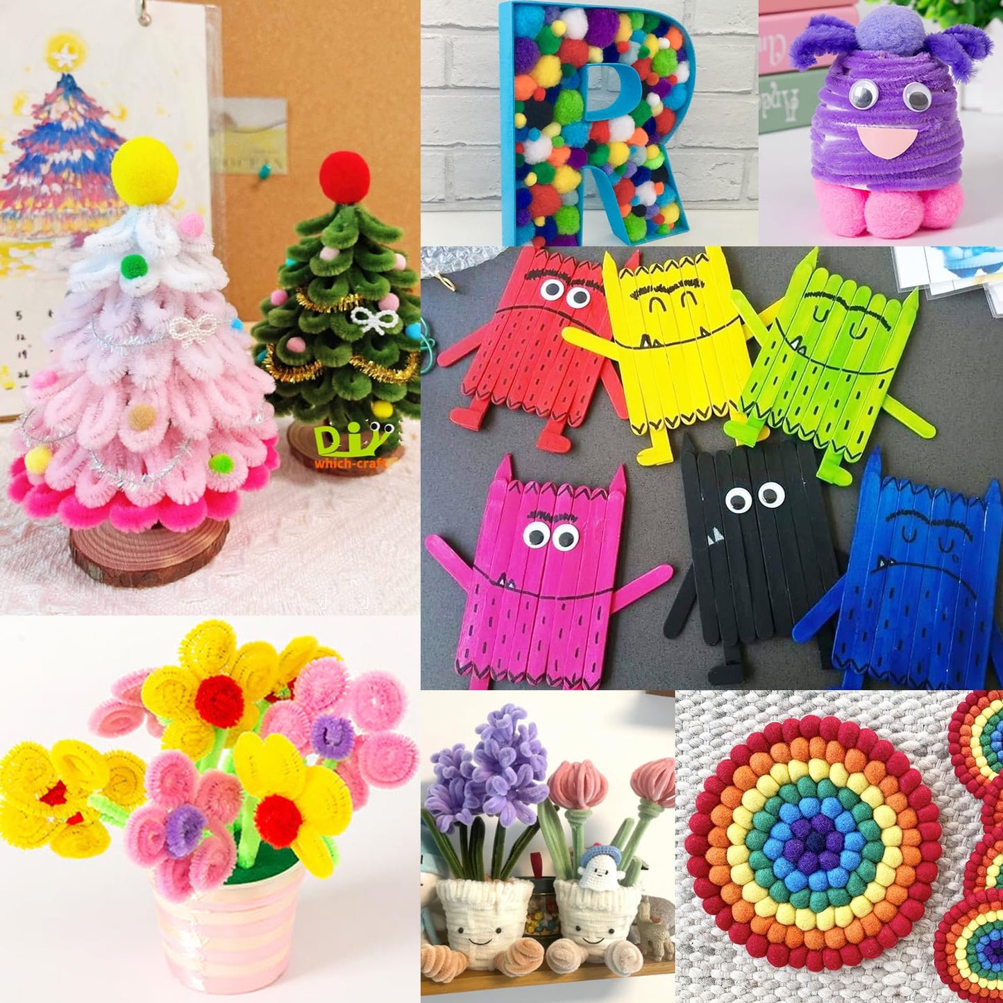 FUNZBO 1200pcs+ Craft Kits with Pipe Cleaners, Pom Poms for Crafts, Popsicle Sticks for Craft, Arts & Crafts Supplies for Kids Ages 4-8 Girls & Boys Birathday Gifts