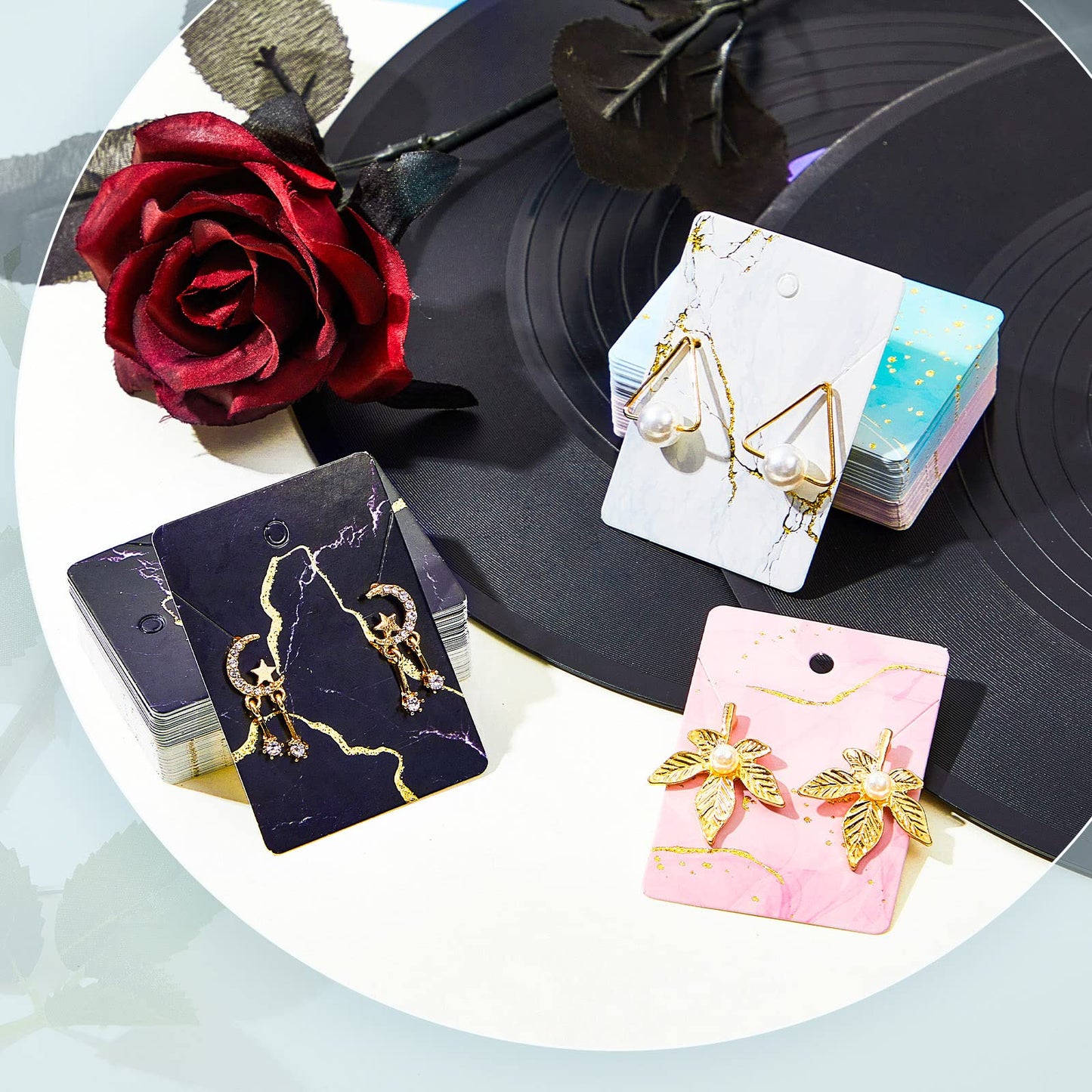 Hicarer 800 Pcs Marble Earring Cards with Holes Backs and Jewelry Packaging Bags Earring Cards for Selling Jewelry Display Card Holder for DIY Necklace Display, 2 x 2.8 Inches